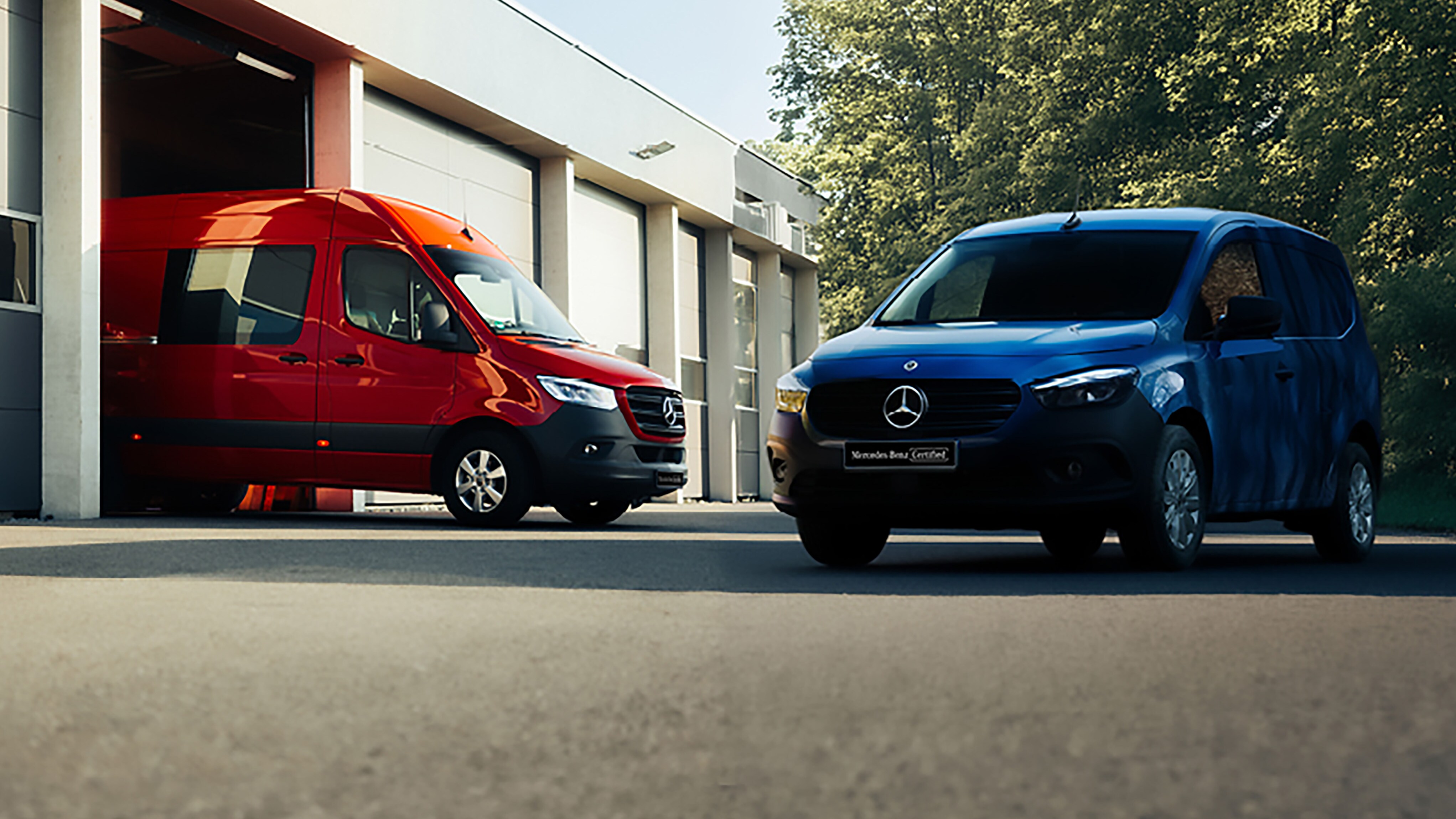 Fourgons Mercedes-Benz rouges et bleus devant un bâtiment professionnel.