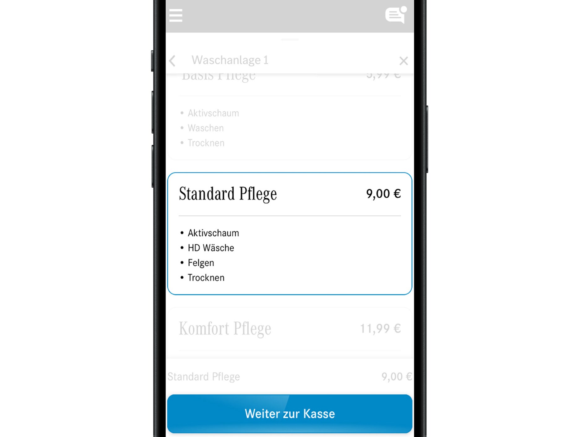 Het scherm van de Mercedes-Benz Car Wash App.
