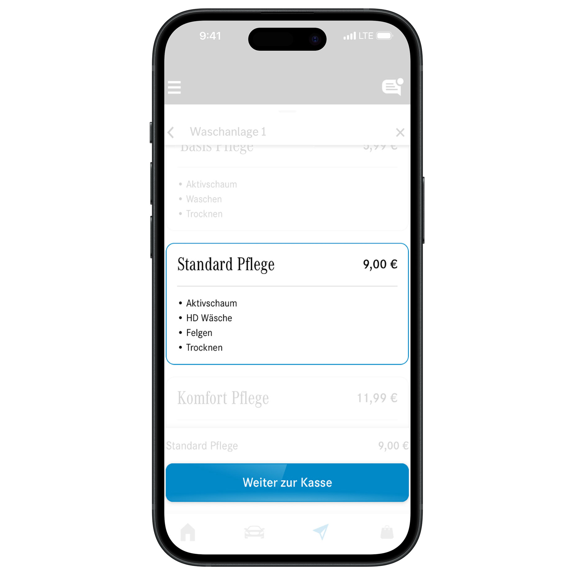 Mercedes-Benz Wasstraat App | Apps | Mercedes-Benz Het scherm van de Mercedes-Benz Car Wash App.