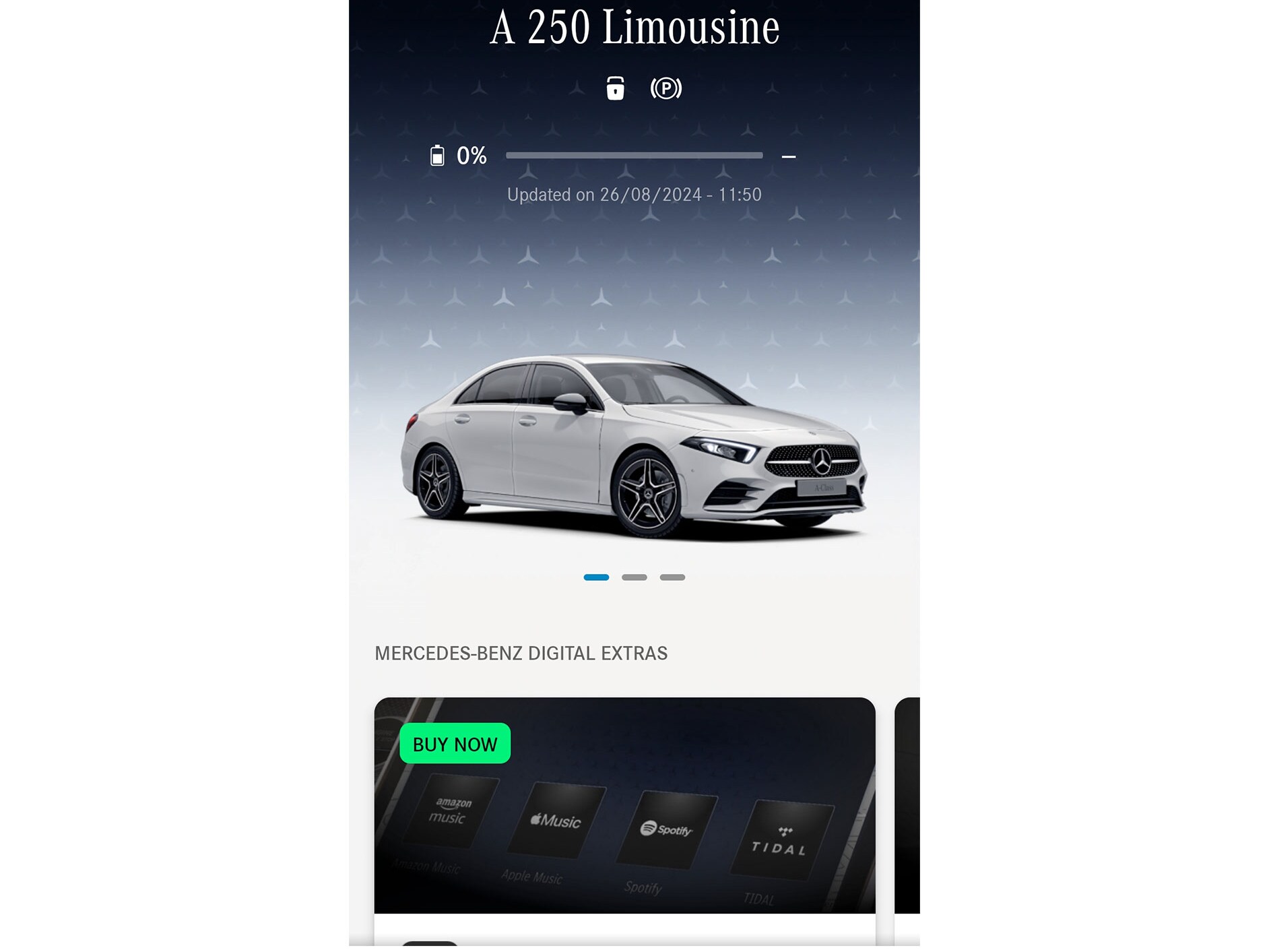 Het menu van de Mercedes-Benz App toont de beschikbare functies van de Navigatie, Remote en GUARD 360˚ Digital Extra's op een smartphone.