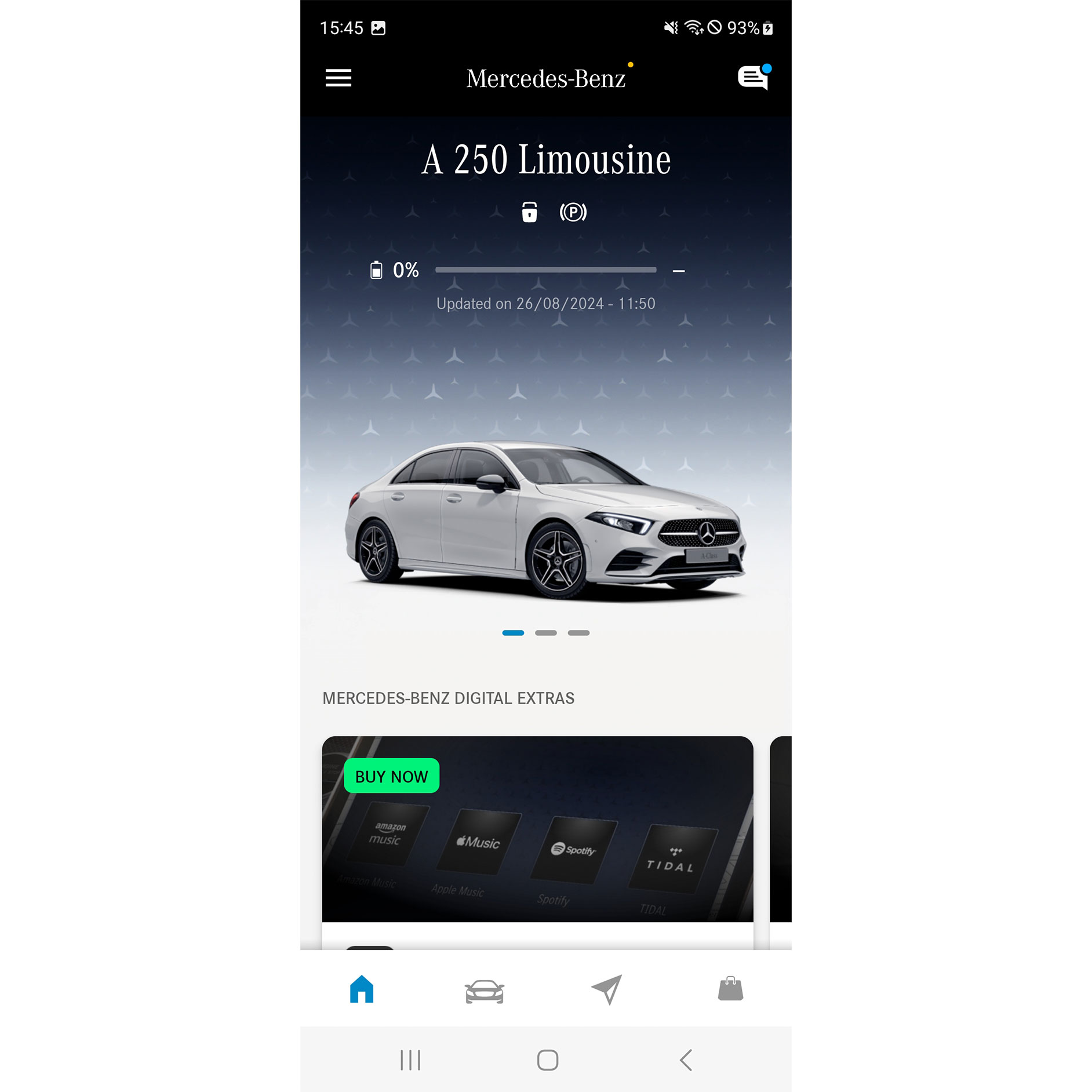 Mercedes-Benz app | Apps | Mercedes-Benz Het menu van de Mercedes-Benz App toont de beschikbare functies van de Navigatie, Remote en GUARD 360˚ Digital Extra's op een smartphone.