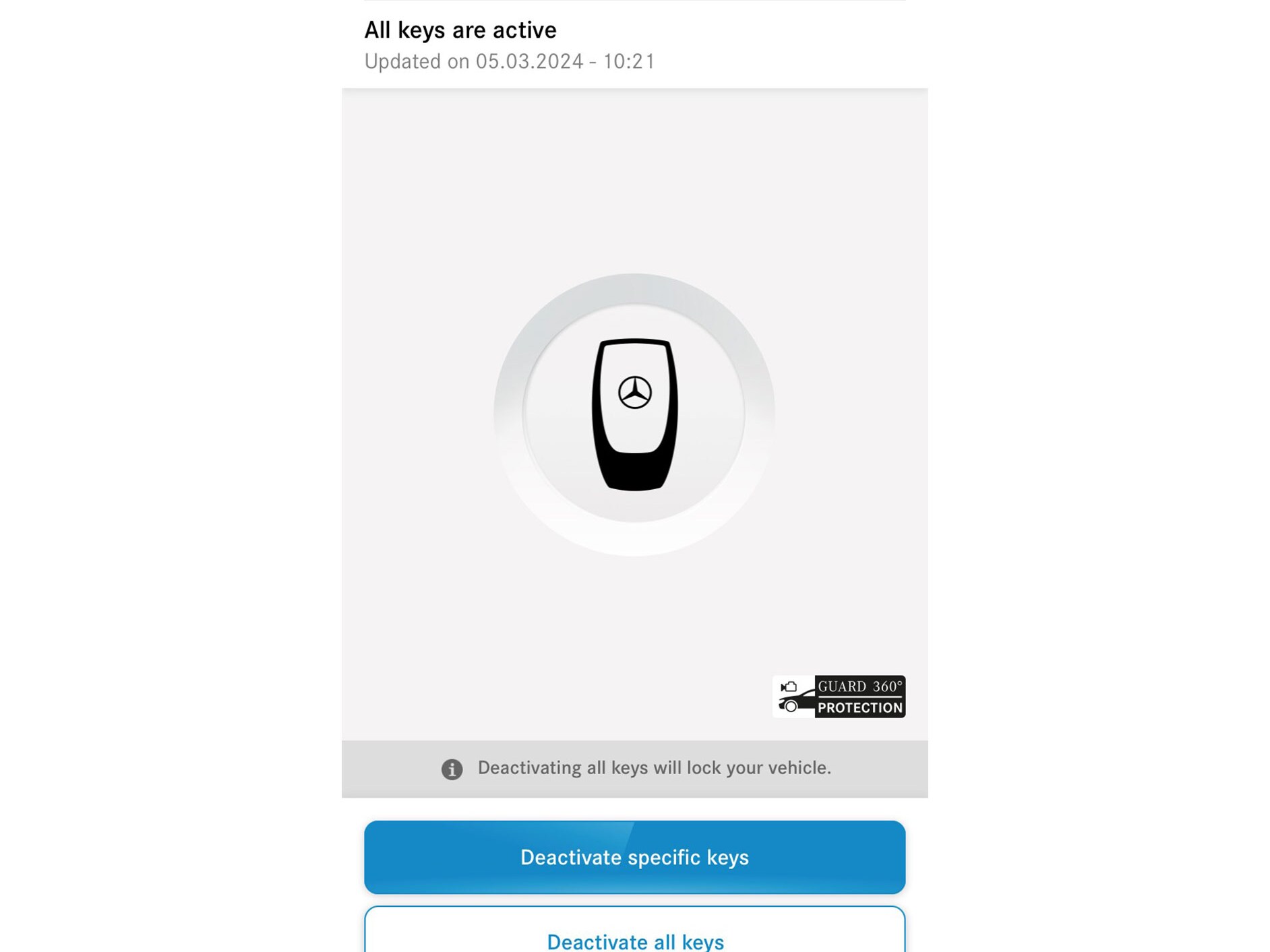 Sur un smartphone, le menu du service connecté Désactivation d’urgence des clés s’affiche ici.