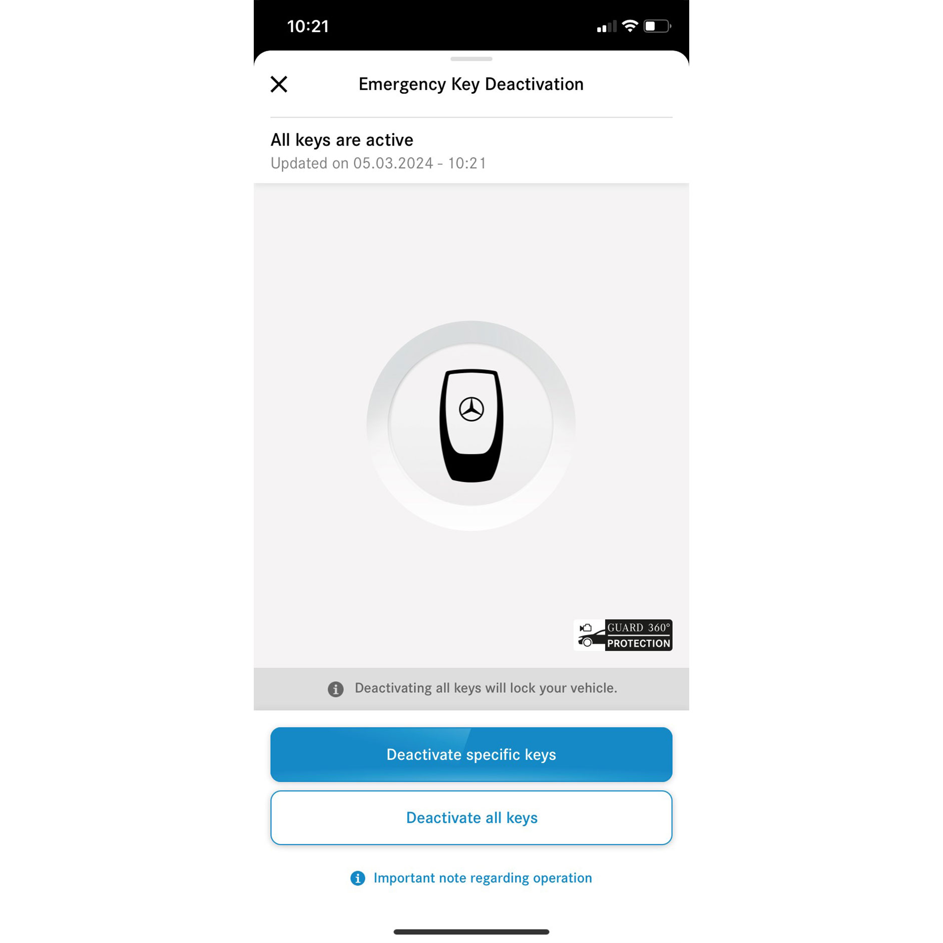 Désactivation d’urgence des clés | Pack Excellence | Mercedes-Benz Sur un smartphone, le menu du service connecté Désactivation d’urgence des clés s’affiche ici.