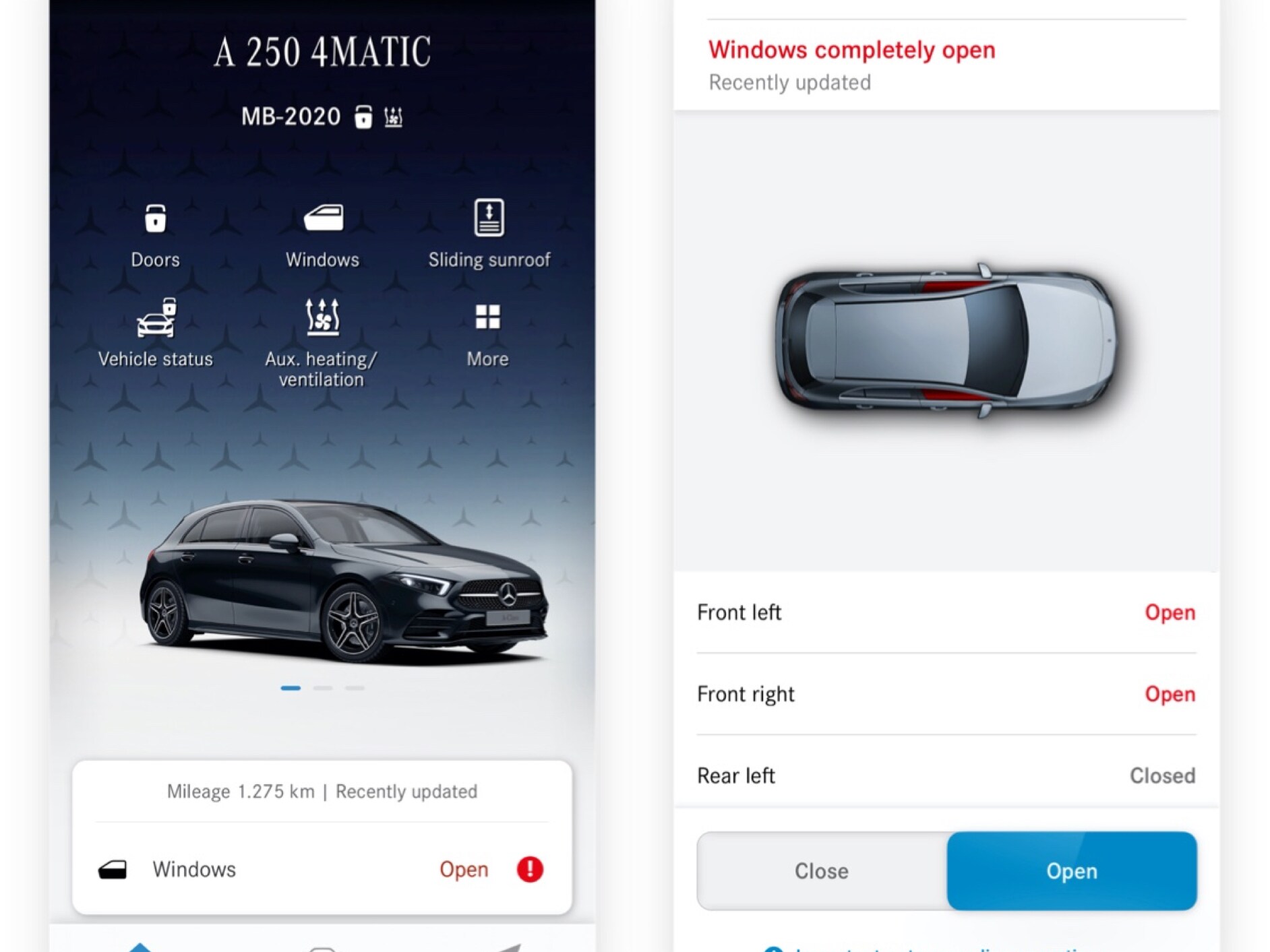 Een smartphone toont de verschillende schermen die worden weergegeven wanneer de Digitale extra 'Remote control ramen' vaststelt dat niet alle ramen zijn gesloten.
