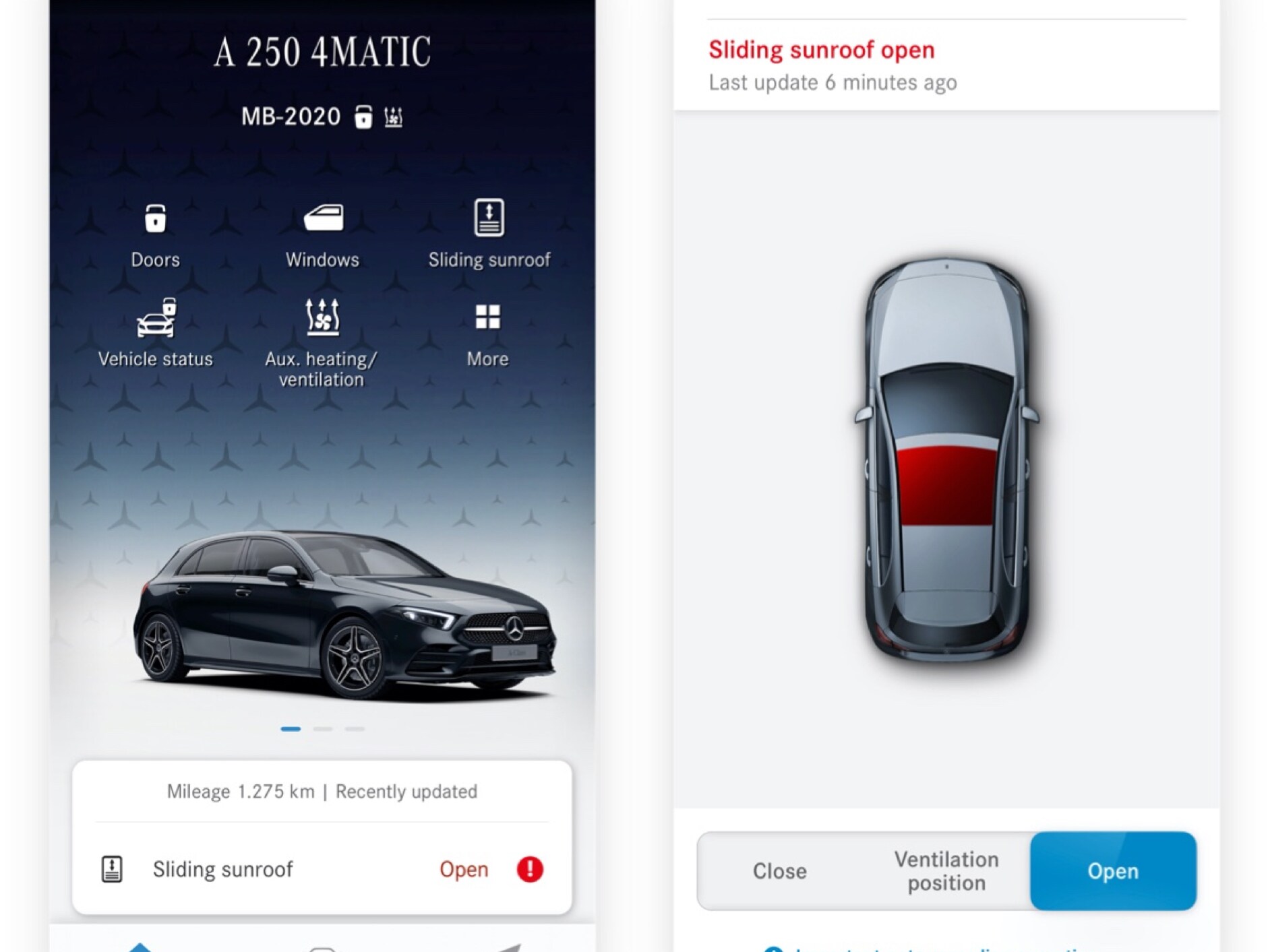 Sur un smartphone, on peut voir les différents écrans qui s’affichent lorsque le service connecté Commande à distance des vitres et du toit ouvrant détecte que le toit ouvrant n'est pas fermé.