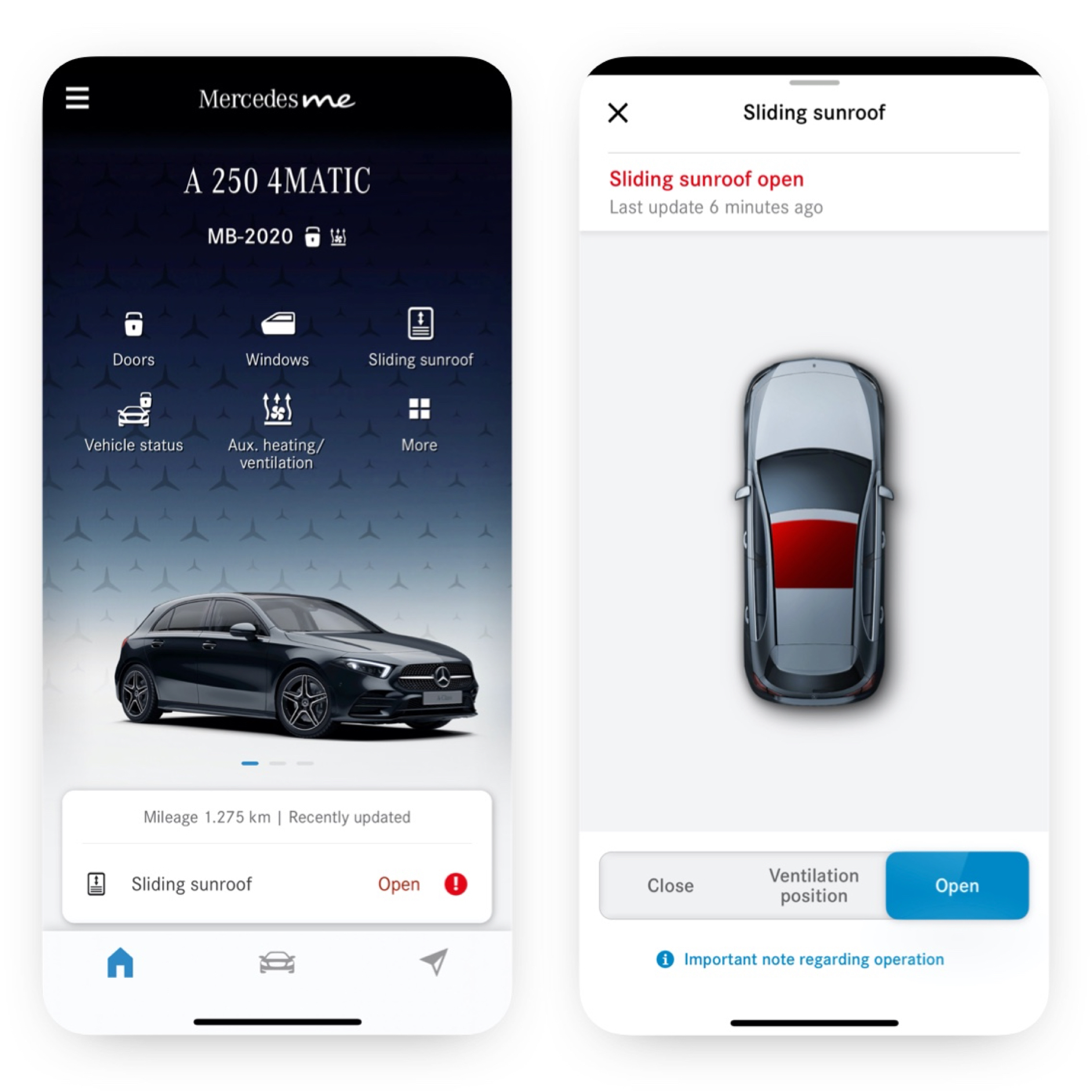 Remote control ramen/schuifdak | Excellence-pakket | Mercedes-Benz Op een smartphone zijn de verschillende schermen te zien die worden weergegeven wanneer de Digitale extra 'Remote control ramen/schuifdak' vaststelt dat het schuifdak niet is vergrendeld.