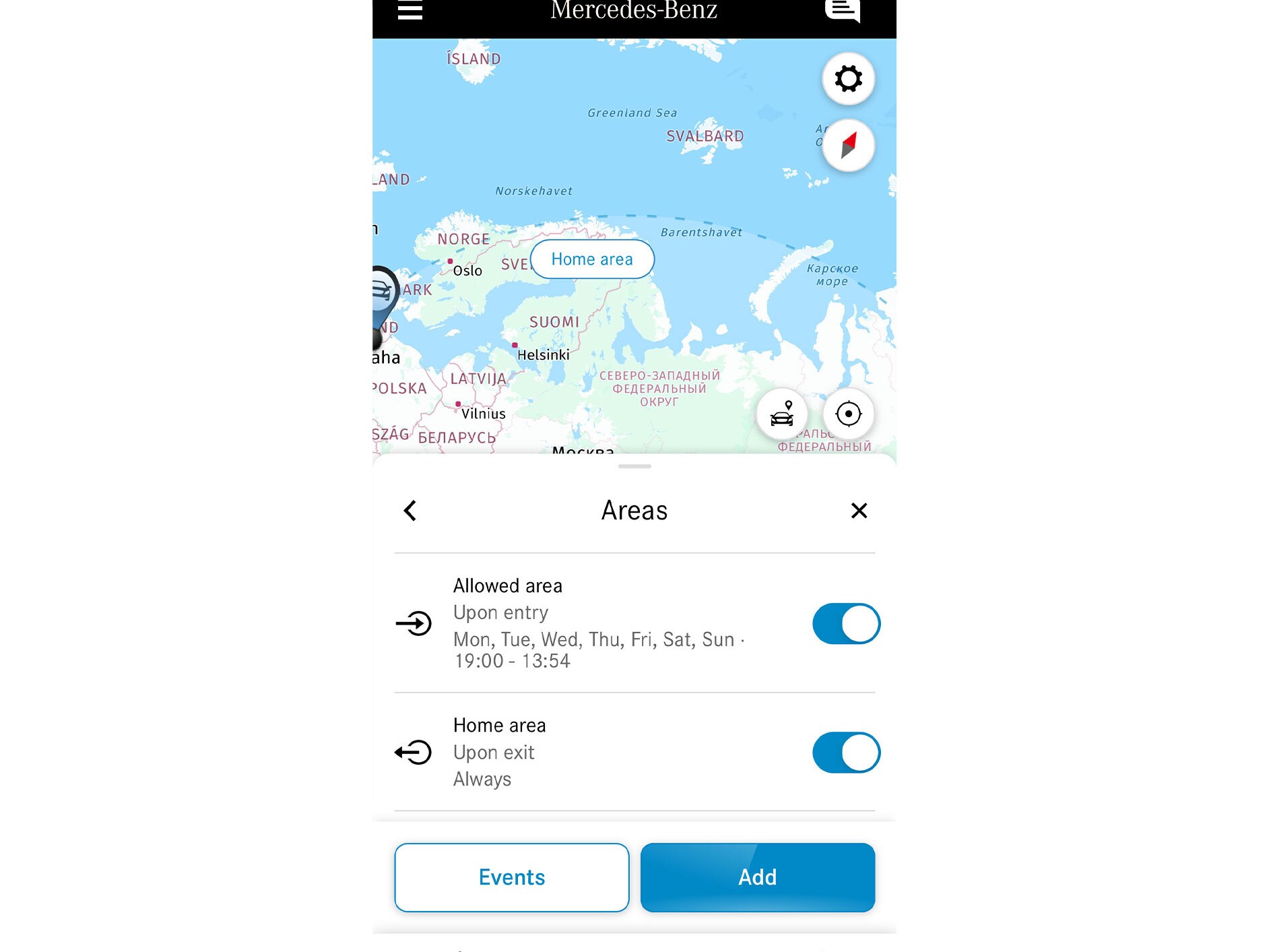 Sur un smartphone, grâce au service connecté Géolocalisation du véhicule, il est indiqué si le véhicule circule à l’intérieur ou à l’extérieur d’une zone définie.