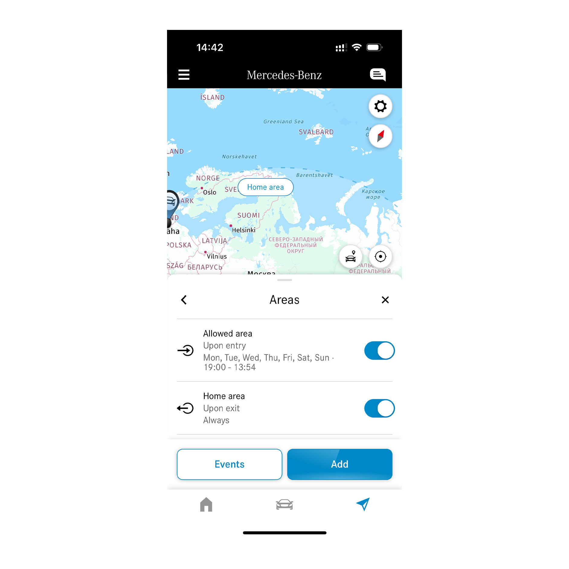 Géolocalisation du véhicule | Remote | Mercedes-Benz Sur un smartphone, grâce au service connecté Géolocalisation du véhicule, il est indiqué si le véhicule circule à l’intérieur ou à l’extérieur d’une zone définie.