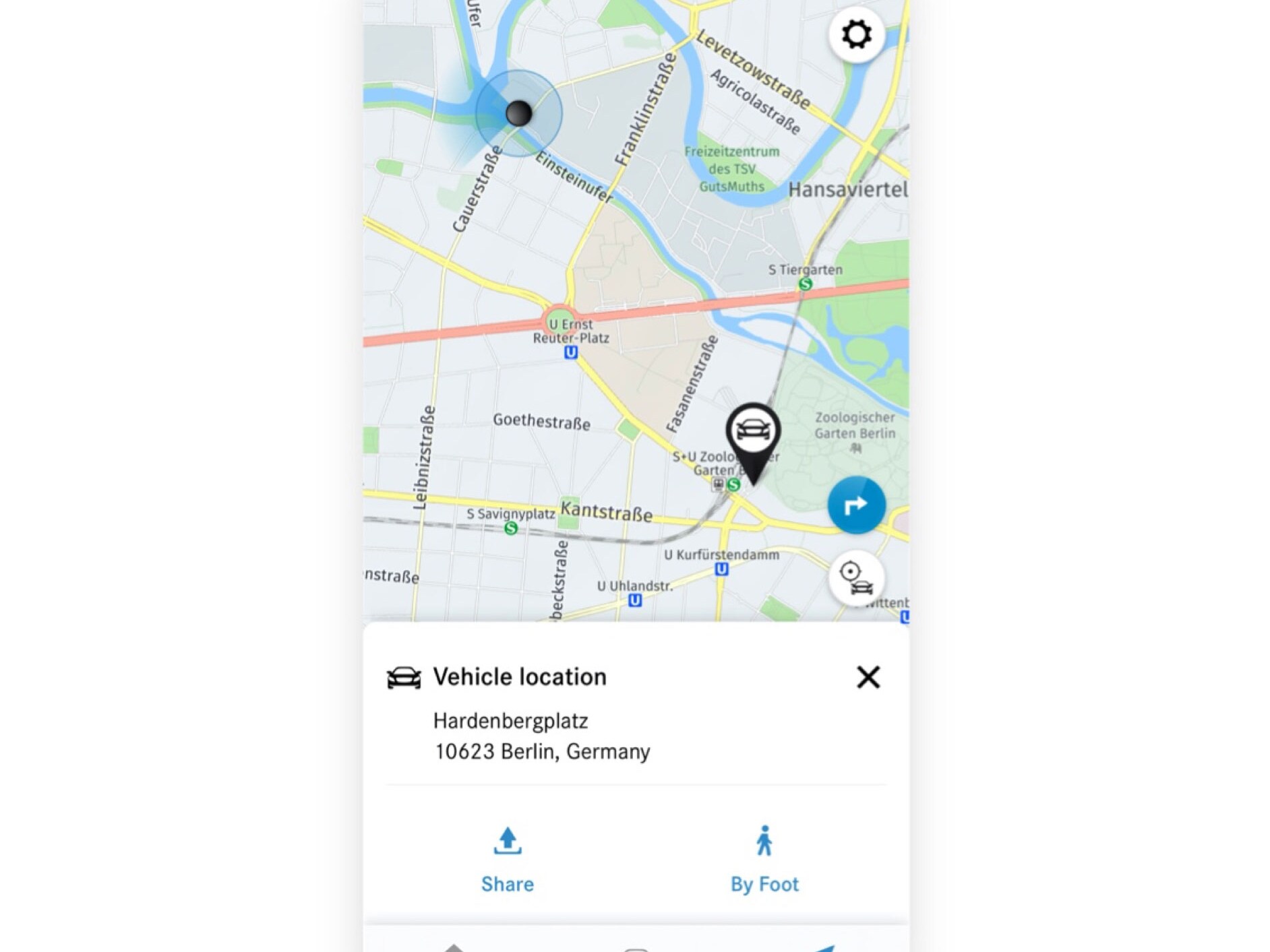 L'emplacement du véhicule est affiché dans l'application Mercedes-Benz sur un smartphone.