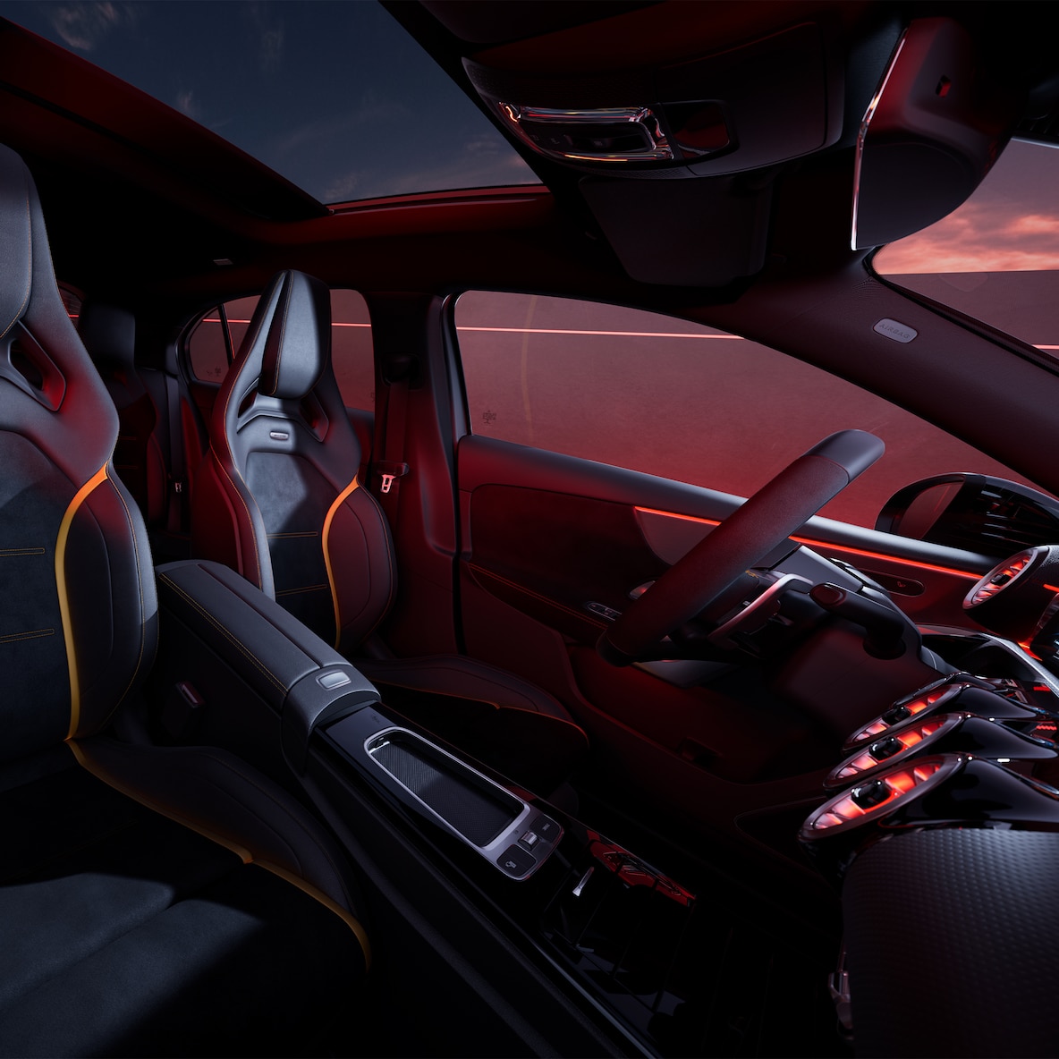 Het interieur van de Mercedes-AMG A-Klasse met AMG Performance-stoelen en AMG Performance-stuurwiel.