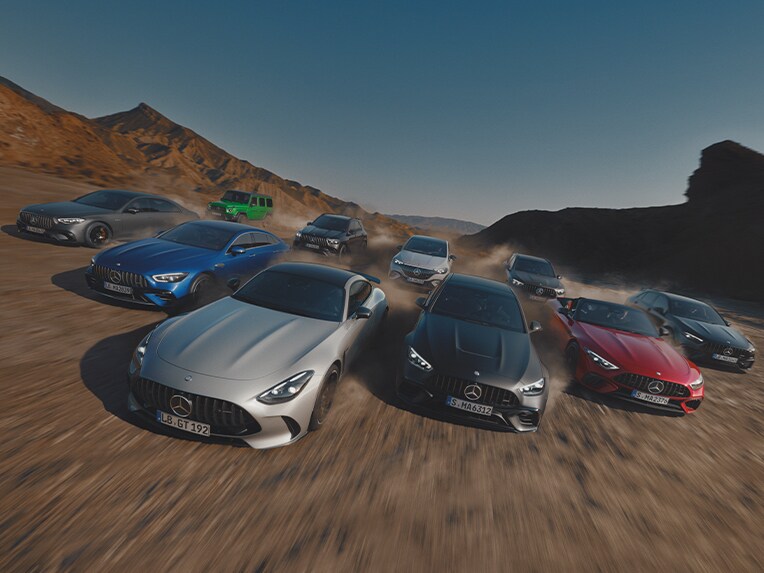 Groepsfoto van Mercedes-AMG modellen.