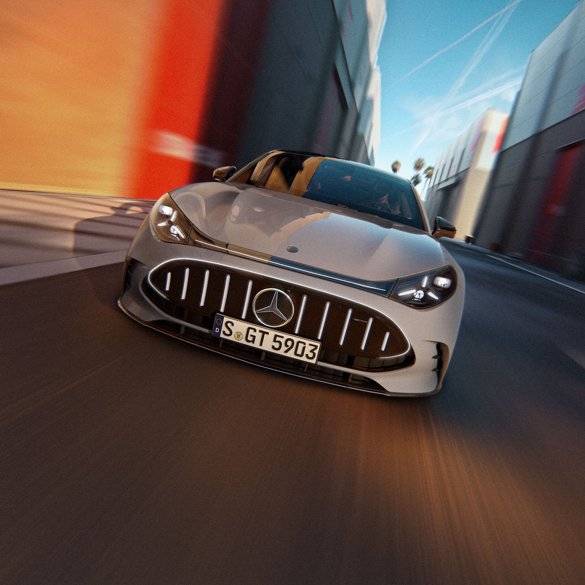 Vooraanzicht van de GT 4-Deurs Coupé van Mercedes-AMG.