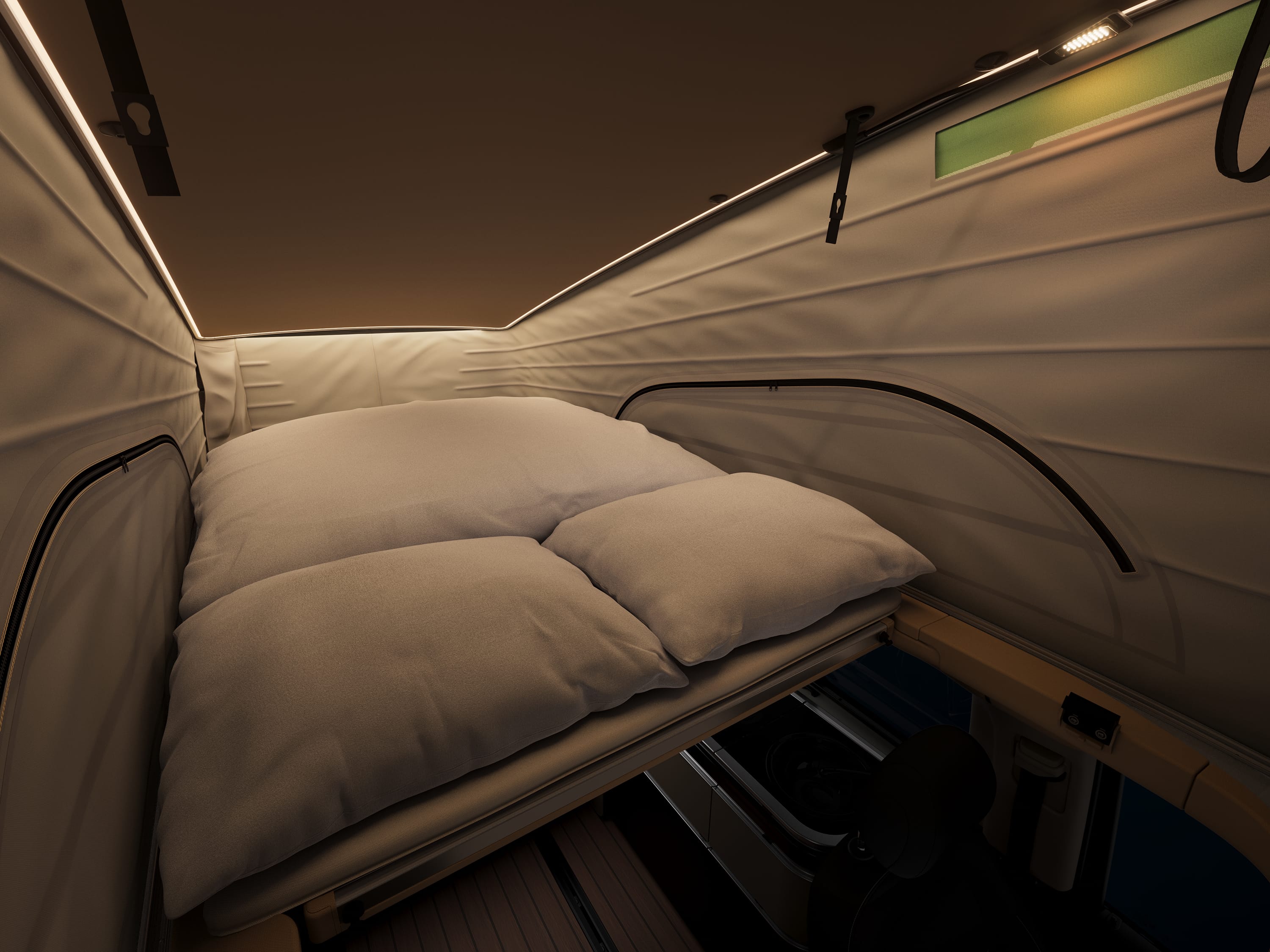 Dakbed | Marco Polo World | Mercedes-Benz Slaapgedeelte van de Mercedes-Benz Marco Polo met een comfortabel bed in het interieur van het hefdak.