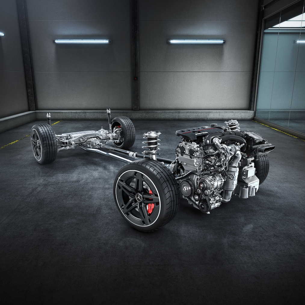Het onderstel met aandrijflijn van de Mercedes-AMG CLA 45 S 4MATIC+ Shooting Brake.