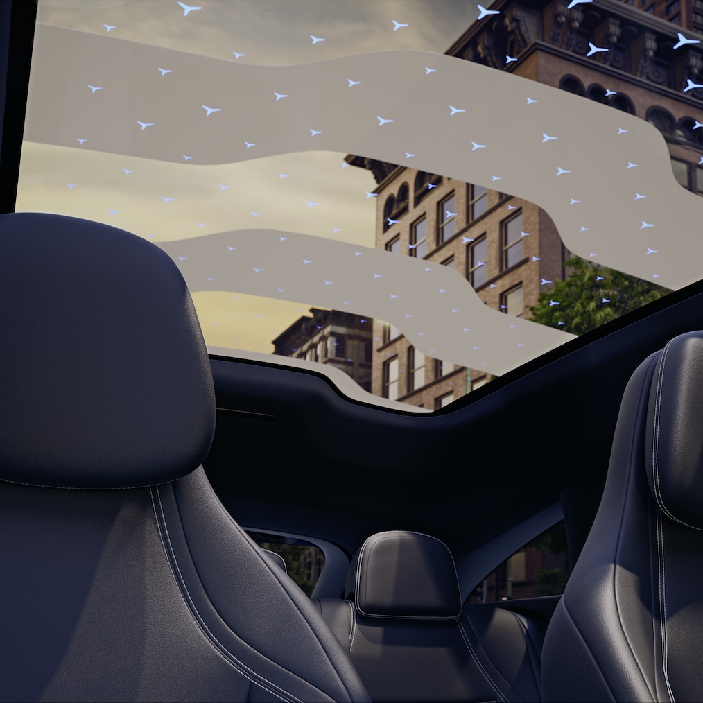 Vue aérienne du toit panoramique SKY CONTROL avec motif éclairé.