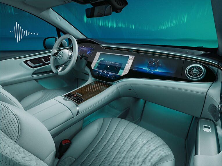 Een grafische voorstelling van het akoestische comfortpakket in de Mercedes EQE.