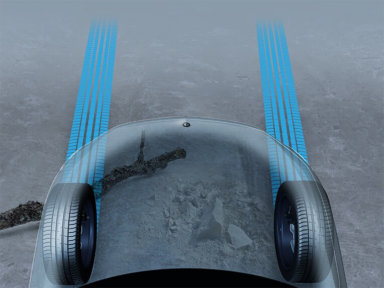 Een grafische voorstelling van de transparante motorkap in de Mercedes EQE.
