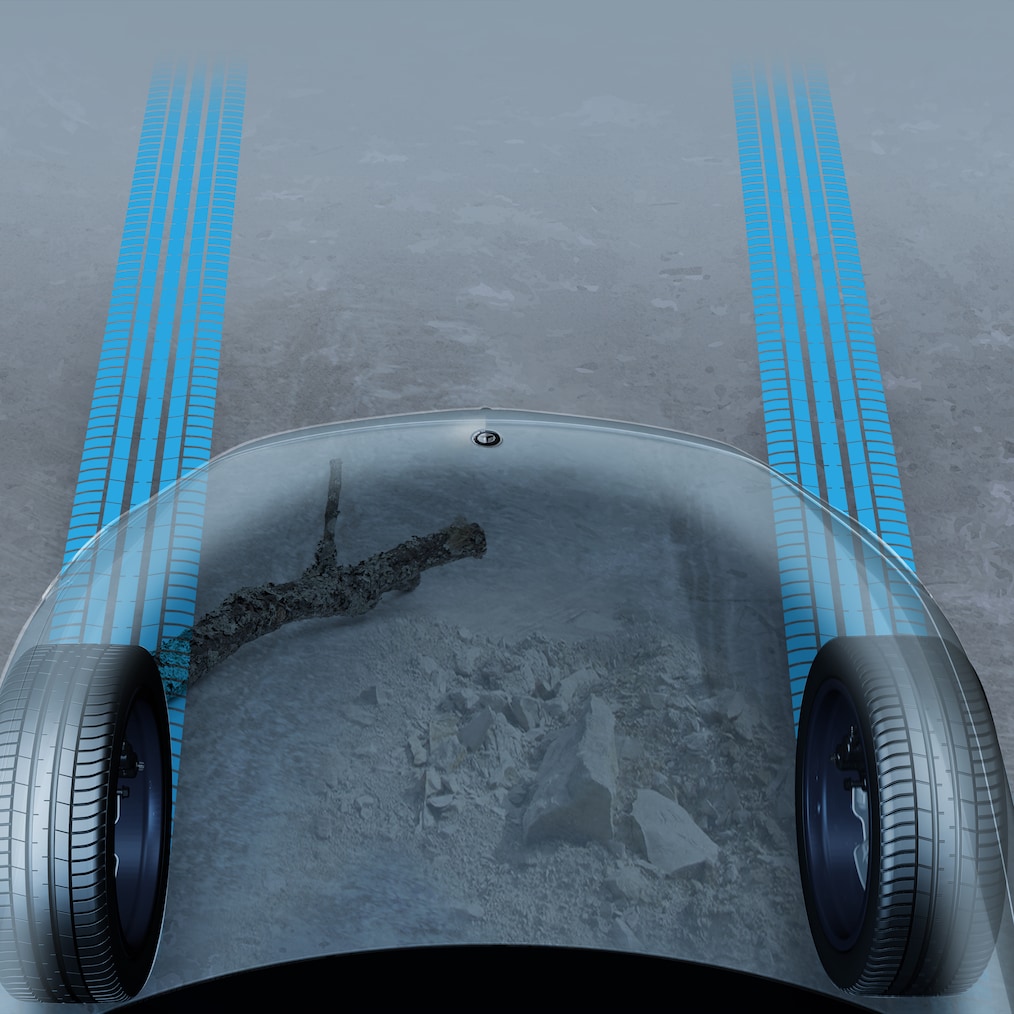 Une représentation graphique du capot moteur transparent dans l'EQE SUV de Mercedes-Benz.