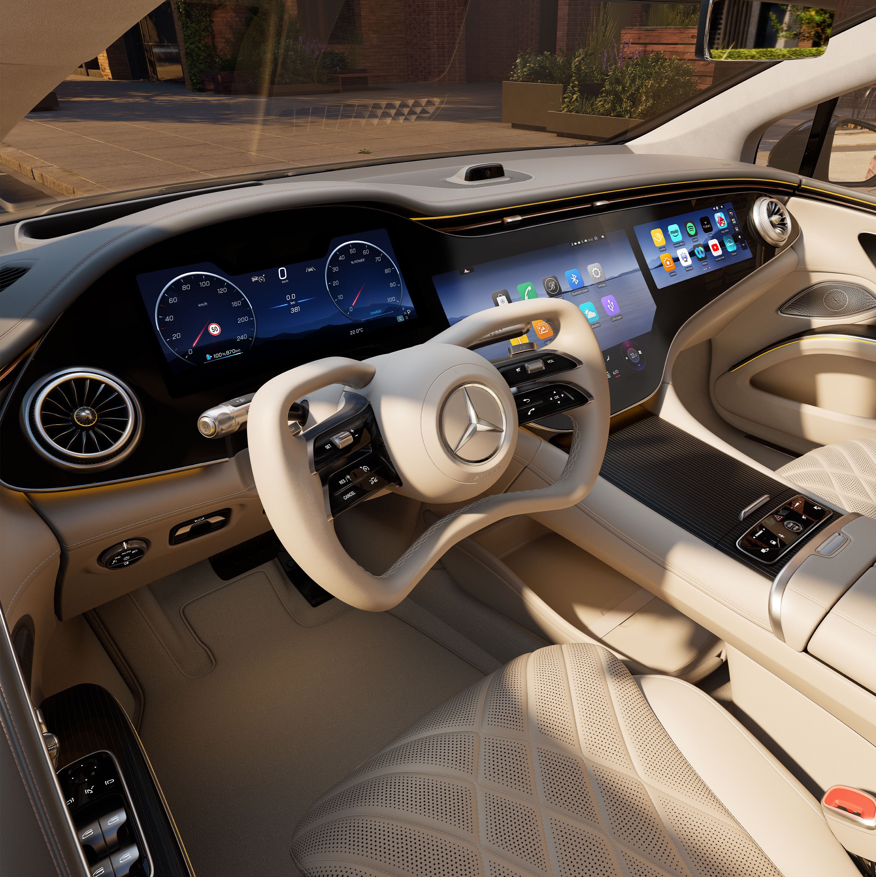 Het interieur van de nieuwe volledig elektrische EQS van Mercedes-Benz.