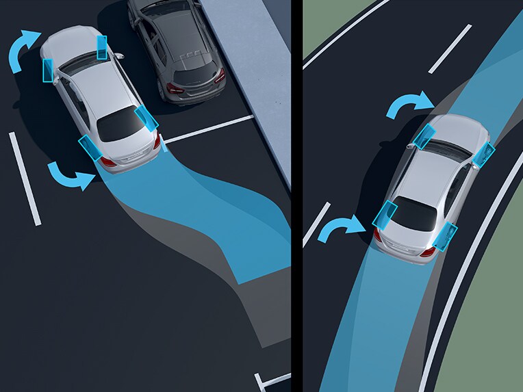 Gestuurde achteras van de EQS van Mercedes-Benz.
