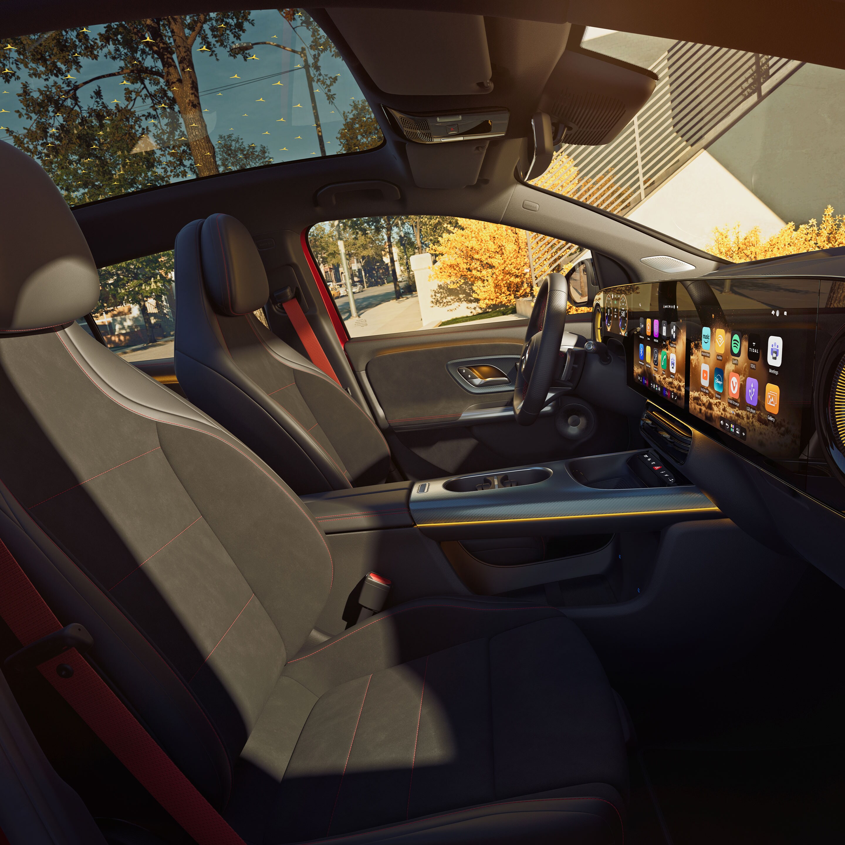 Het interieur van de nieuwe elektrische Mercedes-Benz GLA met zicht op de voorste en achterste zitrijen, gezien door het raam aan de passagierszijde. 