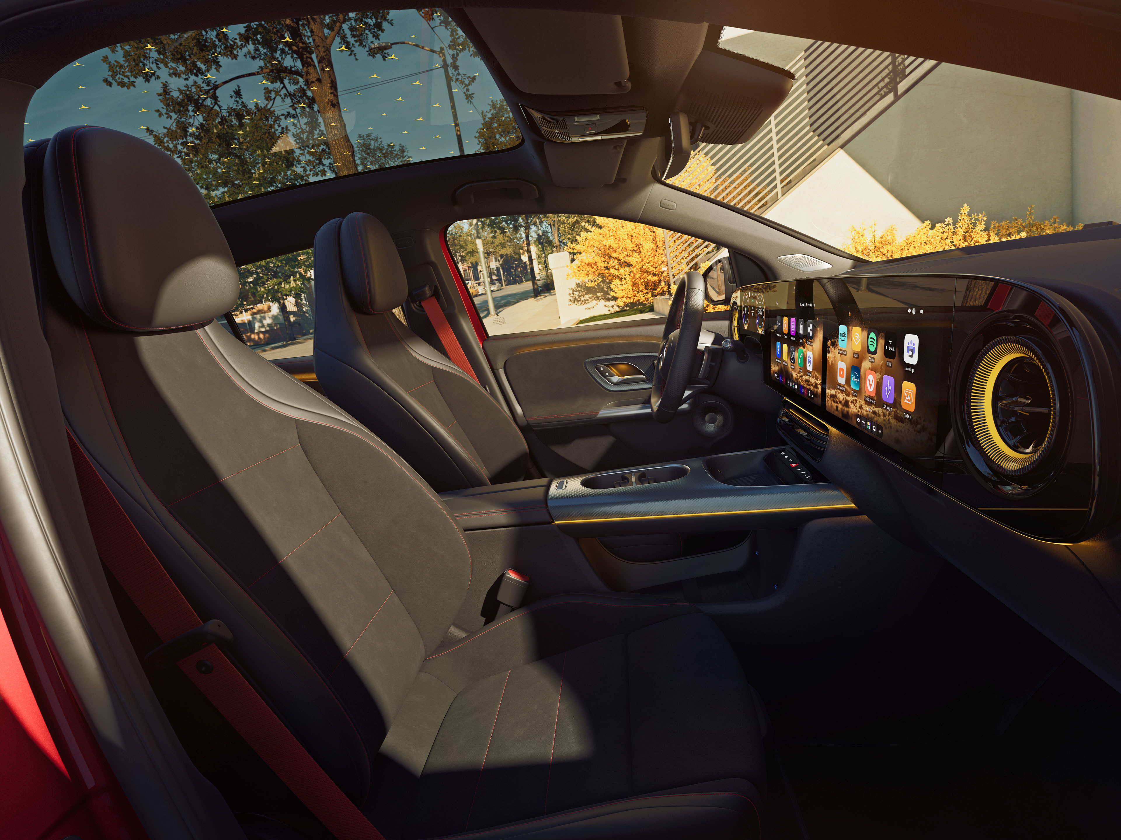 Intérieur | Le nouveau GLA électrique | Mercedes-Benz L'intérieur du nouveau GLA électrique de Mercedes-Benz, avec un aperçu des rangées de sièges avant et arrière vu depuis la vitre passager.