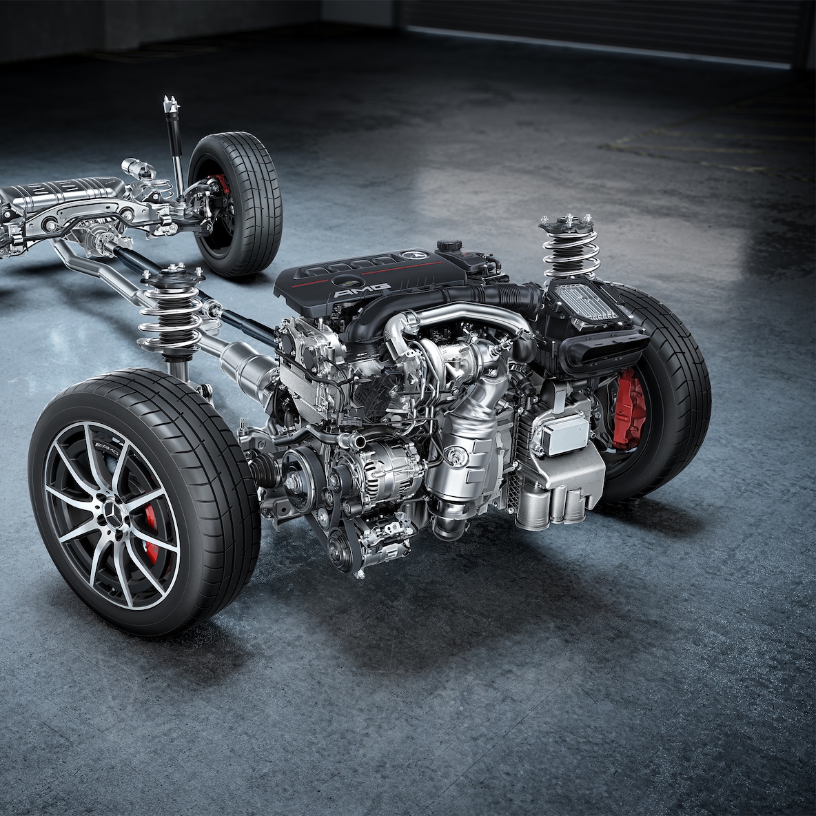 Het chassis met aandrijflijn van de Mercedes-AMG GLB 35 4MATIC.