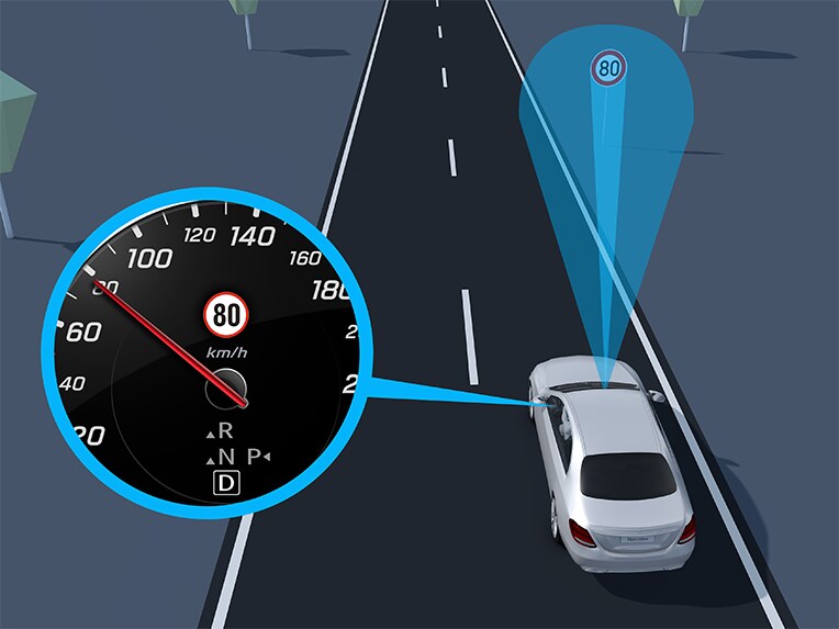 Voorstelling van de verkeerstekenassistent op het mediadisplay van de Mercedes-Benz GLE.