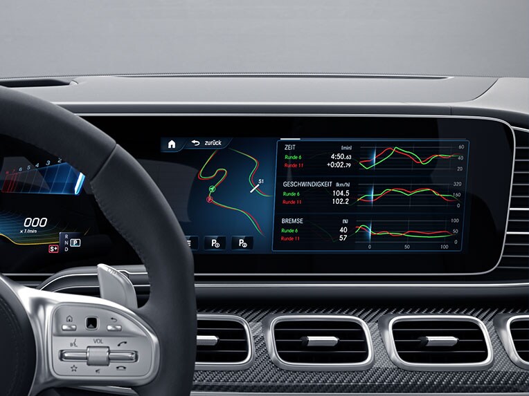 Display met AMG TRACK PACE in de GLS 63 4MATIC+ van Mercedes-AMG.