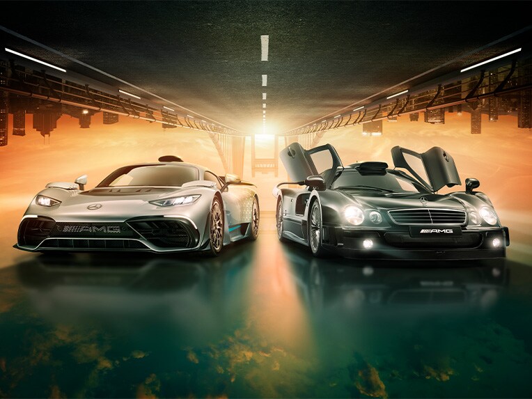 Groepsbeeld van verschillende Mercedes-AMG modellen.