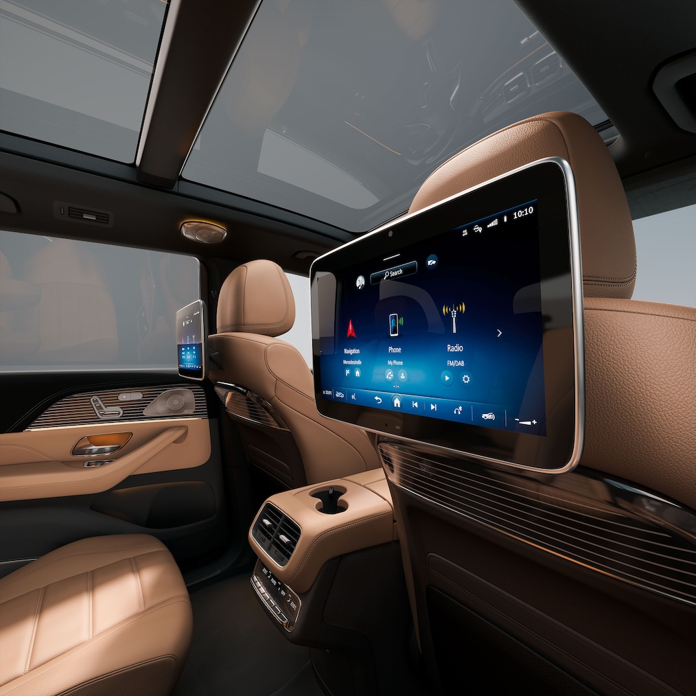 High-end MBUX-entertainmentsysteem achter in het interieur van de nieuwe GLS.
