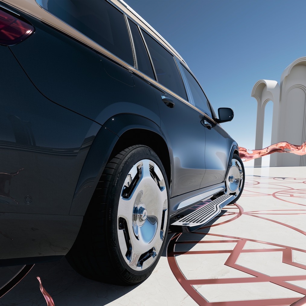 Zijaanzicht van de Mercedes-Maybach GLS 600 met zicht op de instaplijsten.