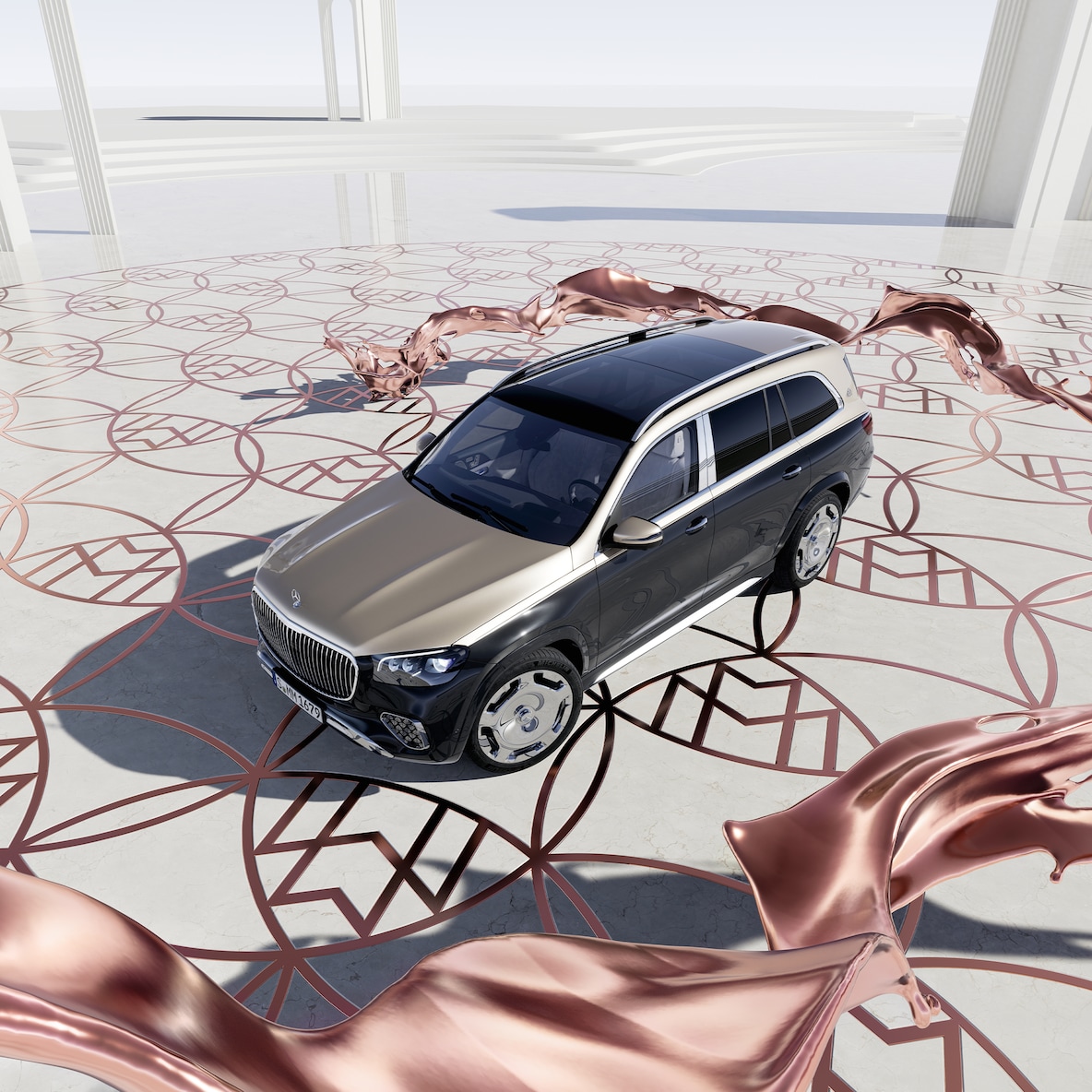 Frontaal zijaanzicht van de Mercedes-Maybach GLS 600 in vogelvlucht.