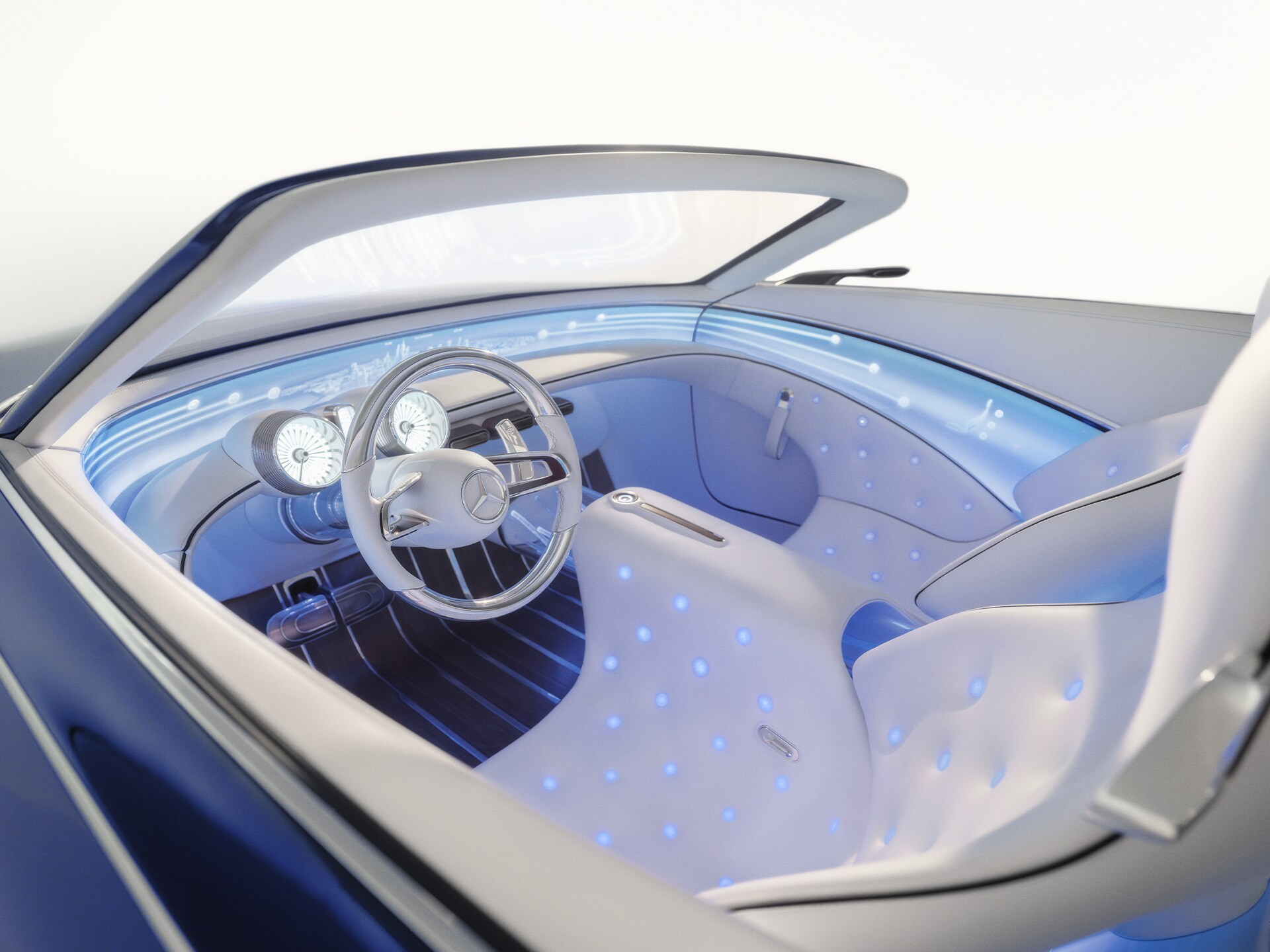 Visie op het interieur van een Mercedes-Maybach model in de toekomst.