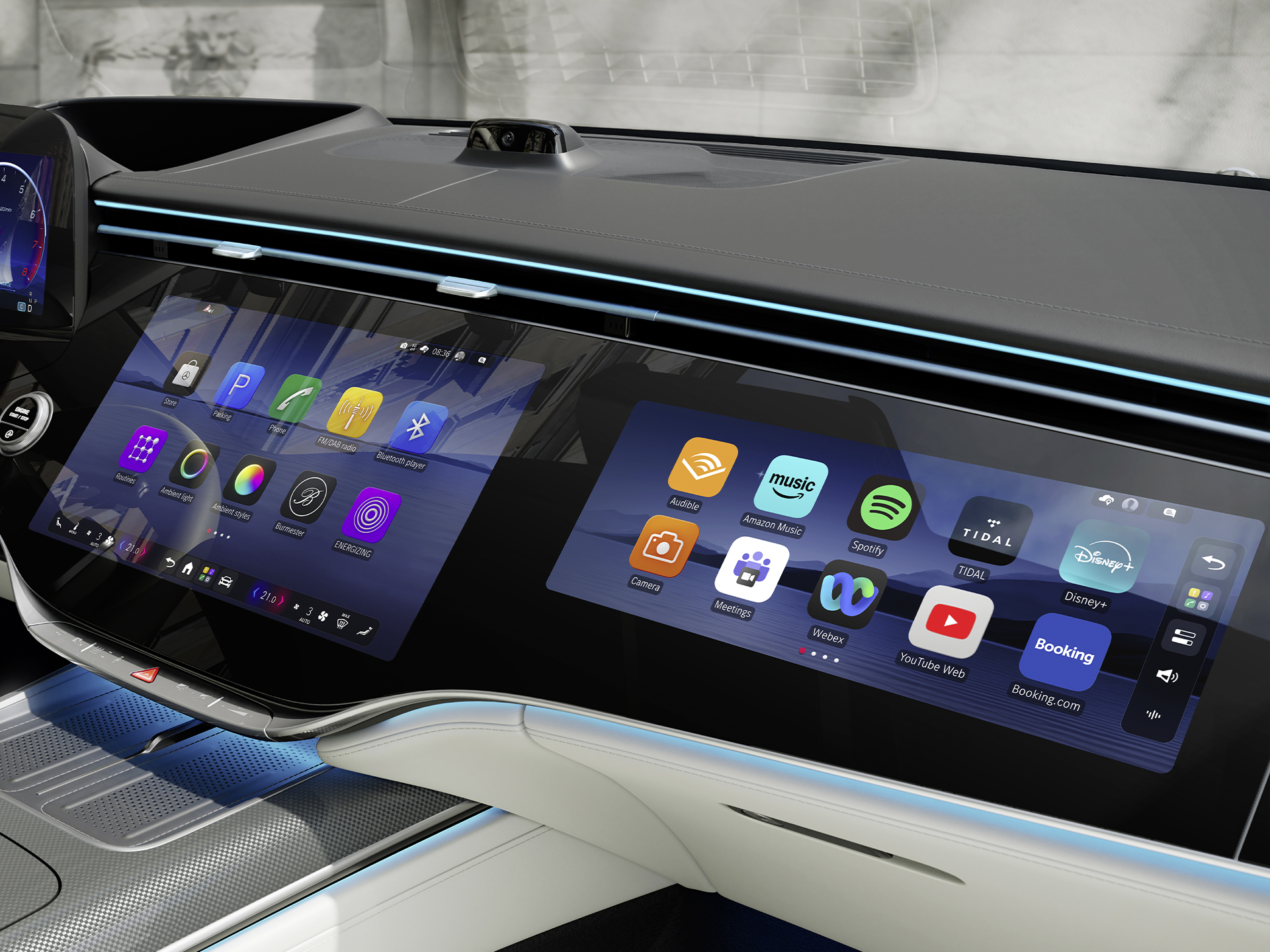 MB.OS | S-Klasse Limousine | Mercedes-Benz Het MBUX superscreen in de cockpit van de nieuwe Mercedes-Benz S-Klasse Limousine verlengde versie toont MB.OS van Mercedes-Benz.