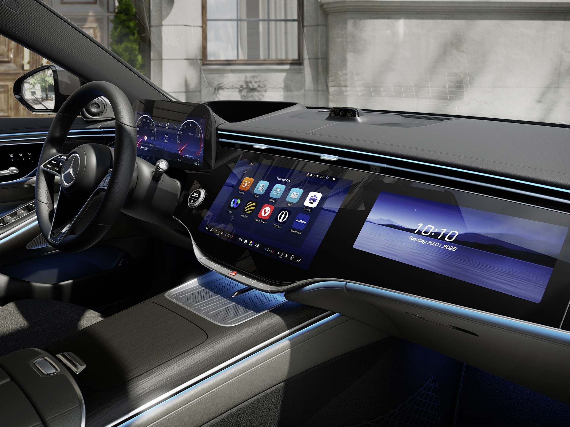 Le MBUX Superscreen implanté dans le poste de conduite de la nouvelle Mercedes-Benz Classe S Berline affichant MB.OS de Mercedes-Benz.