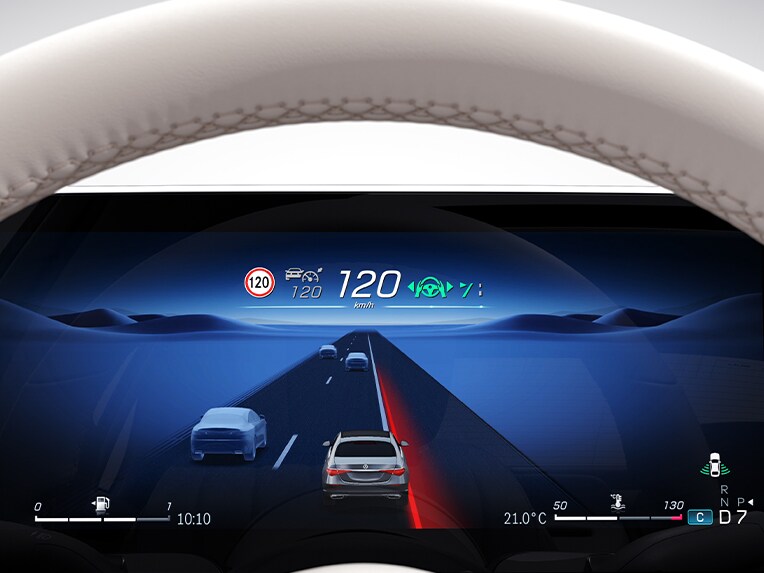 Grafische voorstelling van de actieve spoorassistent in de Mercedes-Benz S-Klasse Limousine.