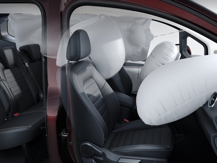 Airbags voor en achter in de Mercedes-Benz T-Klasse.