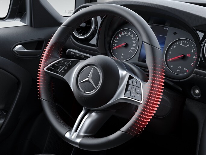 Verwarmd multifunctioneel stuurwiel in de cockpit van de Mercedes-Benz T-Klasse.