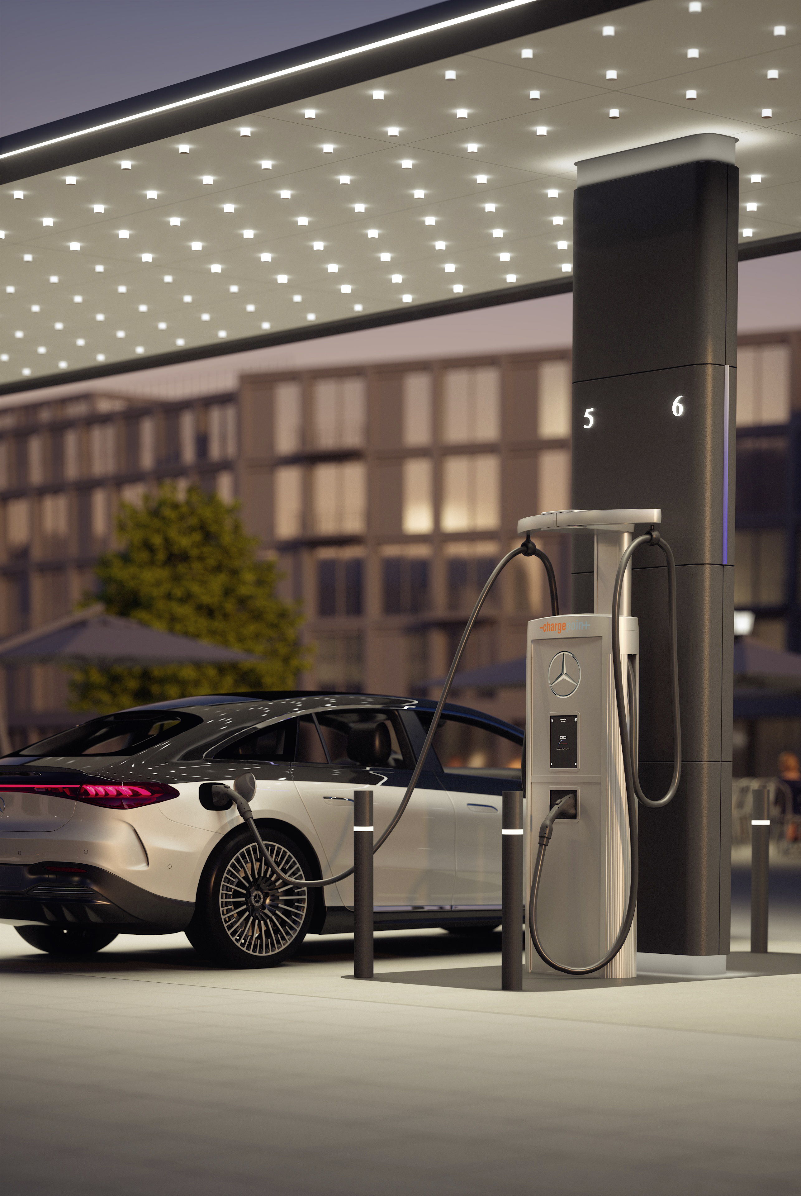 Mercedes-Benz oplaadpark Een Mercedes-Benz wordt opgeladen bij een Mercedes-Benz oplaadpark