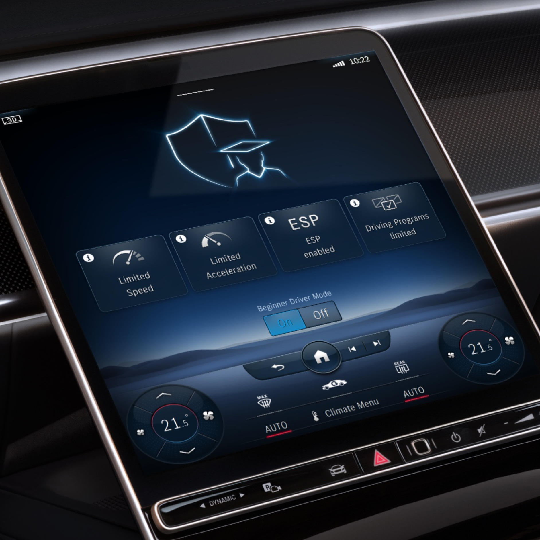 Afstandsbediening, Modus beginnende bestuurder | Excellence-pakket | Mercedes-Benz Op het display van het MBUX multimediasysteem wordt het menu van de Digitale extra 'Snelheidswaarschuwing' weergegeven.