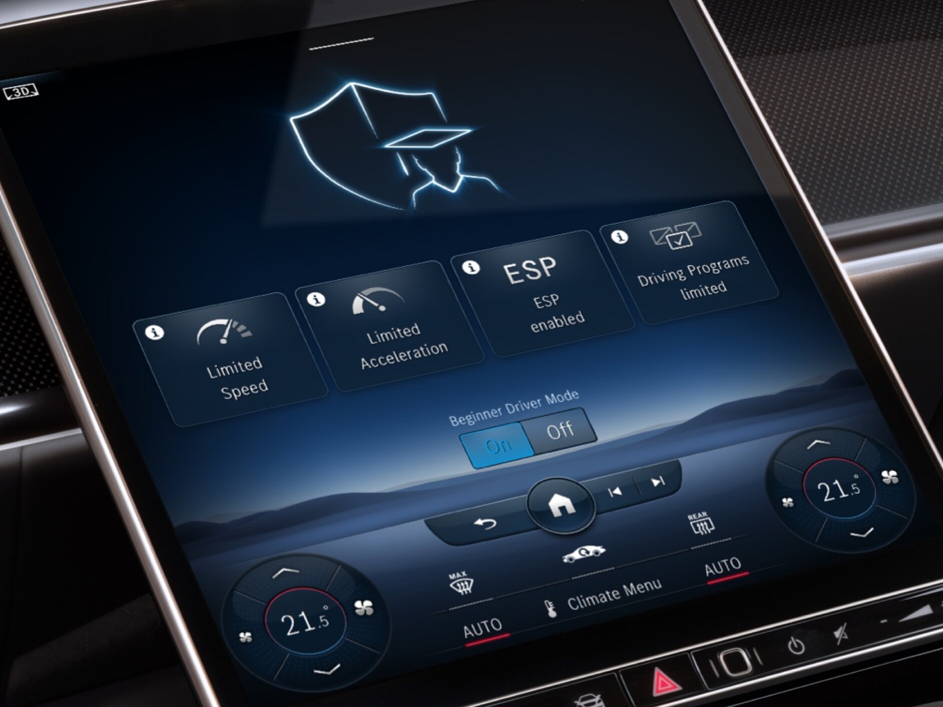 Le menu du service connecté Dépassement de la vitesse autorisée s’affiche sur l’écran média du système multimédia MBUX lorsque la vitesse programmée est dépassée.
