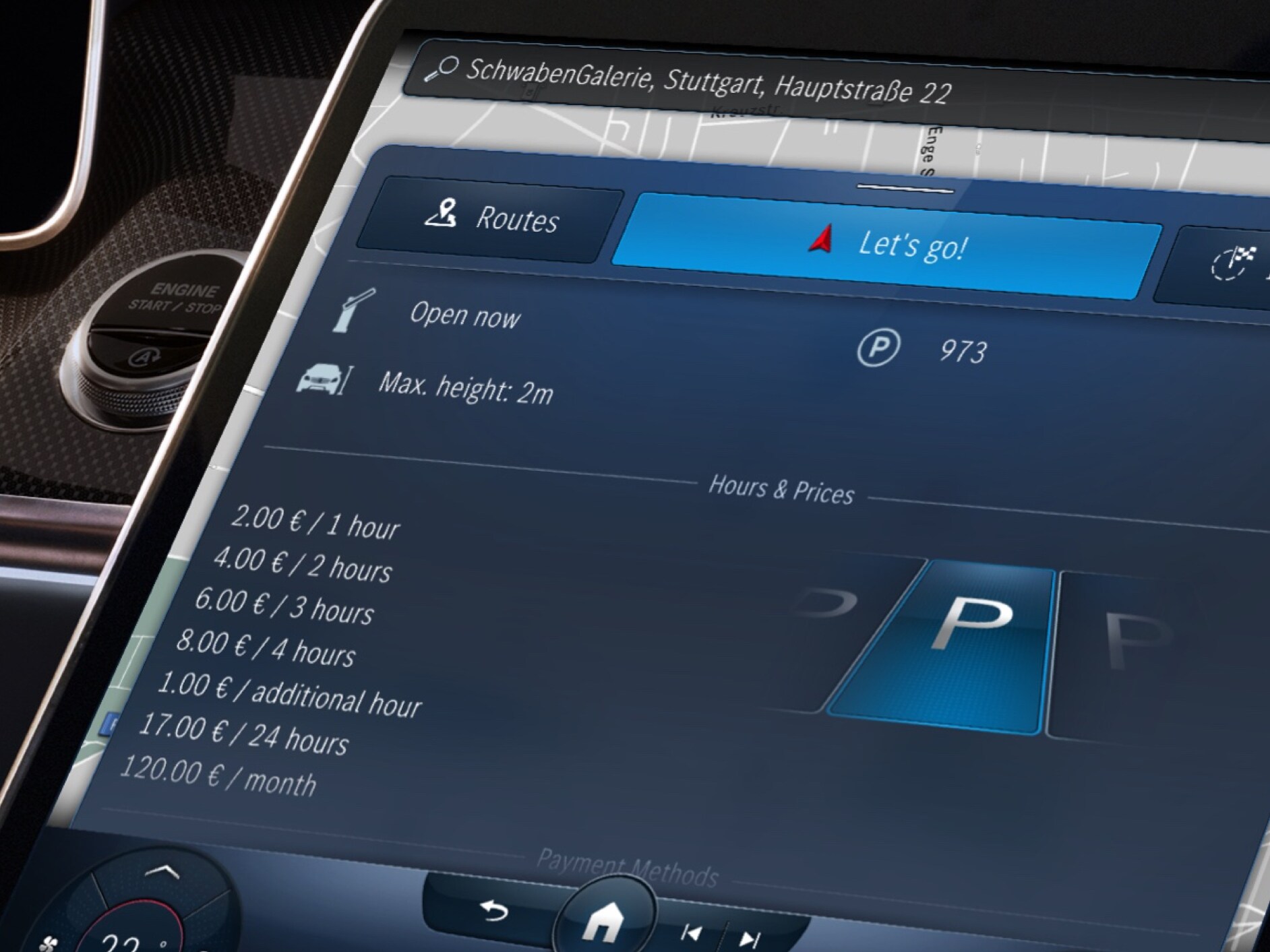 Op het display van het MBUX multimediasysteem worden dankzij de Digitale extra 'Parkeerservice voor navigatie' beschikbare parkeerplekken en prijzen weergegeven.