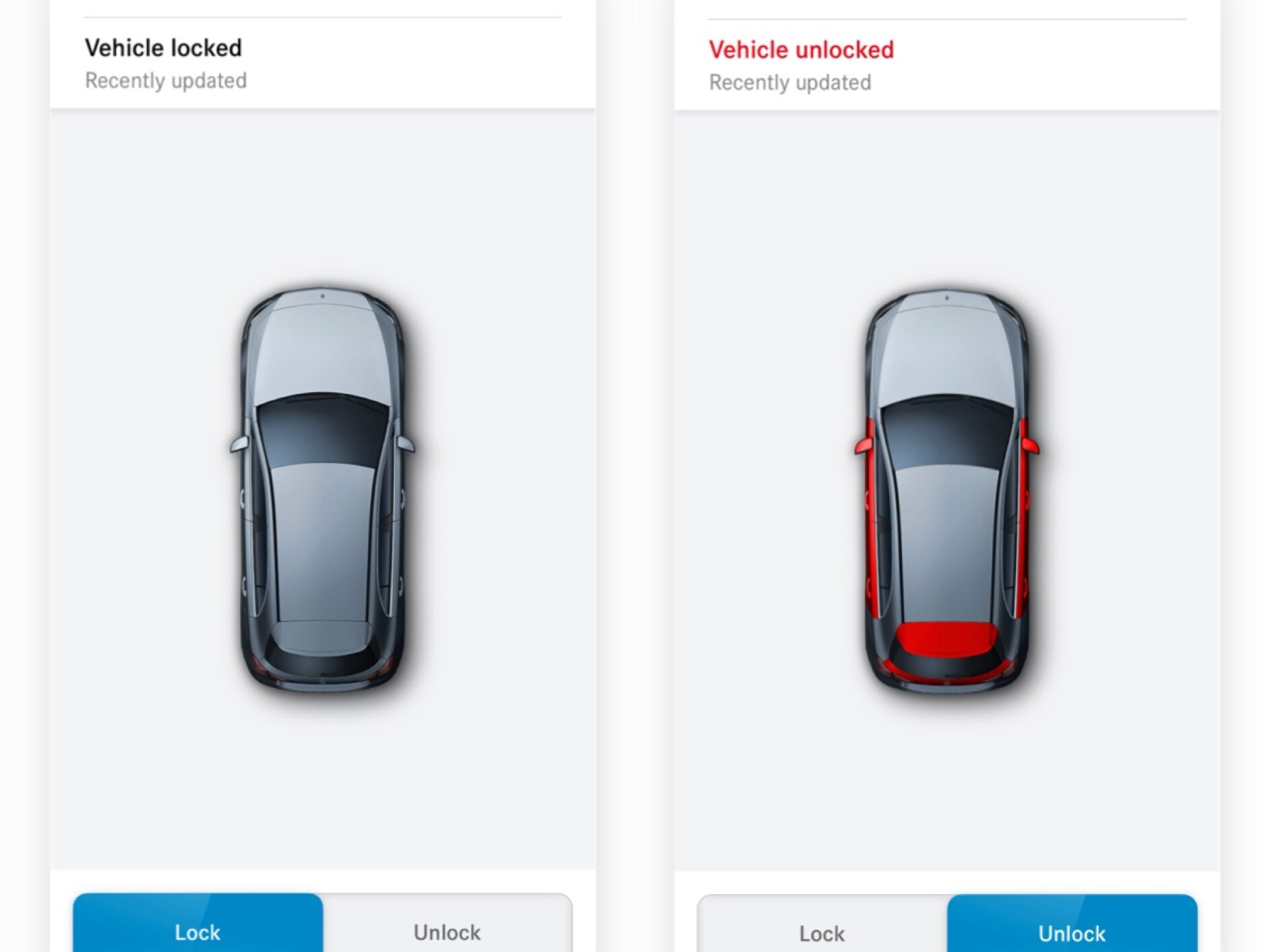 Sur un smartphone, on peut voir les différents écrans qui s’affichent lorsque le service connecté Verrouillage et déverrouillage à distance des portes détecte que toutes les portes sont verrouillées.