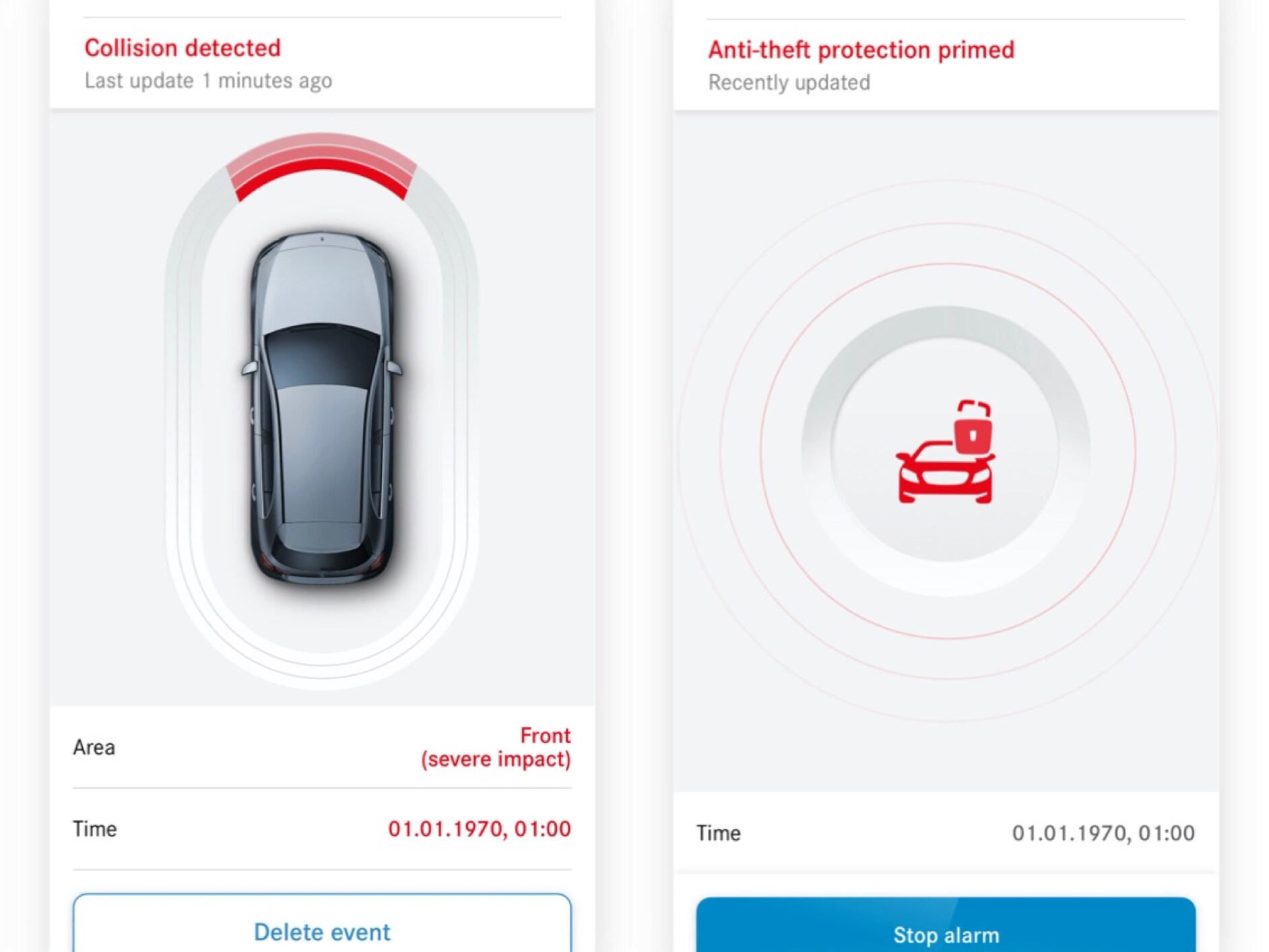 Sur un smartphone, le service connecté Alerte vol avec détection de collision lors du stationnement signale une collision.