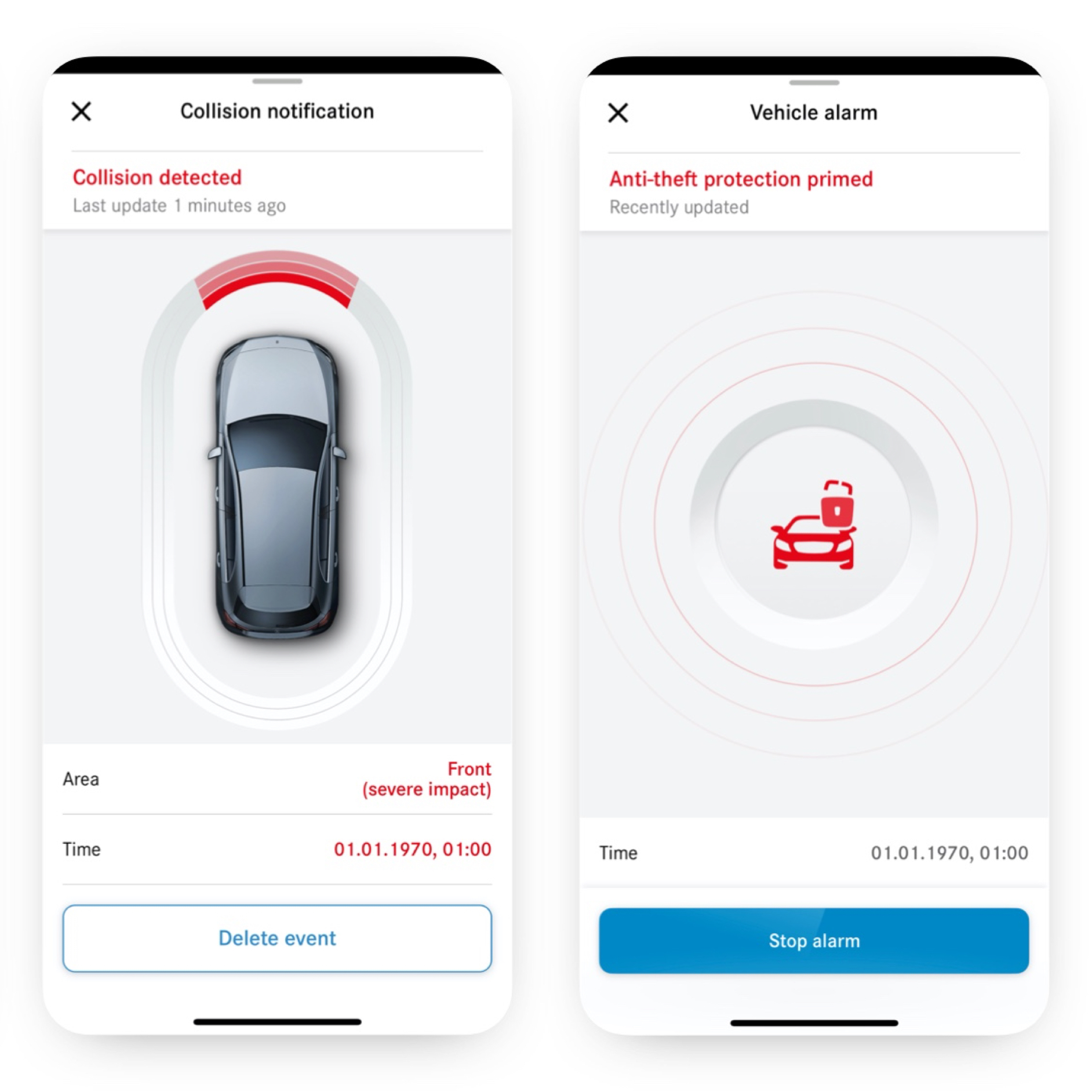 Alerte vol avec détection de collision | Pack Excellence | Mercedes-Benz Sur un smartphone, le service connecté Alerte vol avec détection de collision lors du stationnement signale une collision.