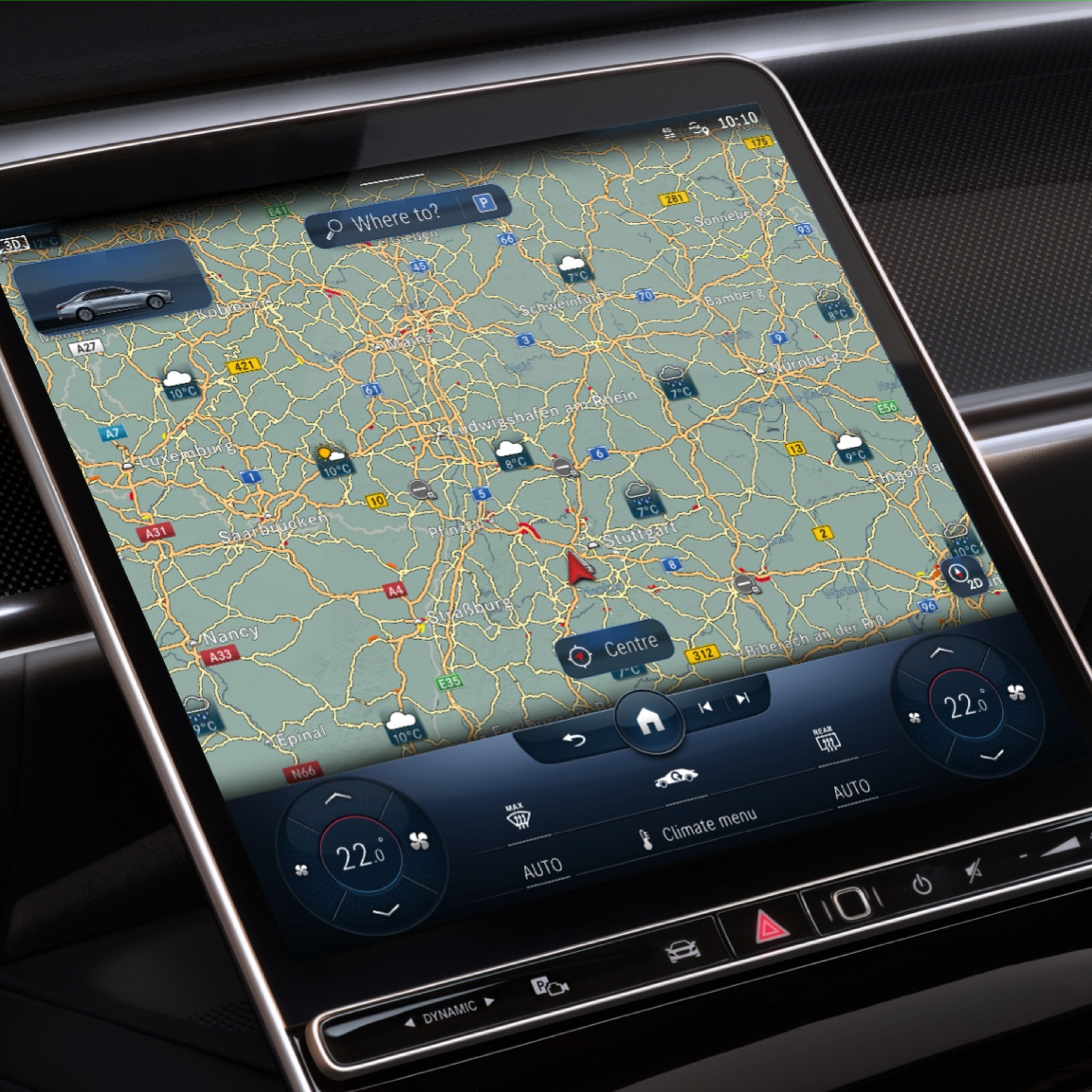 Weerkaart | Excellence-pakket | Mercedes-Benz Op het display van het MBUX multimediasysteem wordt dankzij de Digitale extra 'Weerkaart' de weersvoorspelling in de regio van de bestemming weergegeven.