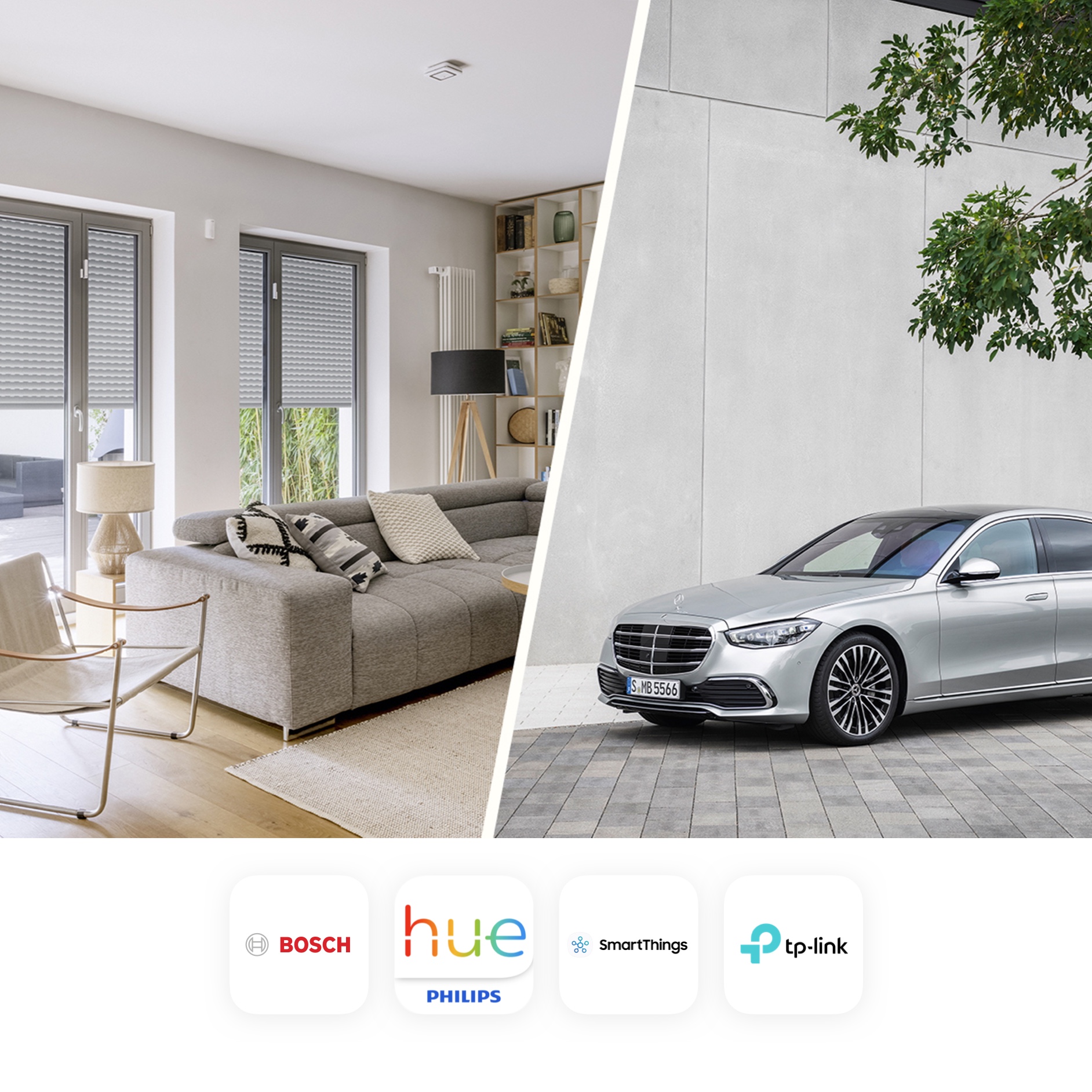 MBUX spraakassistent | Mercedes-Benz De afbeelding toont een collage waarop een ingerichte woning en een Mercedes-Benz te zien zijn. De verschillende smarthome-aanbieders die met Mercedes-Benz samenwerken zijn eveneens te zien.