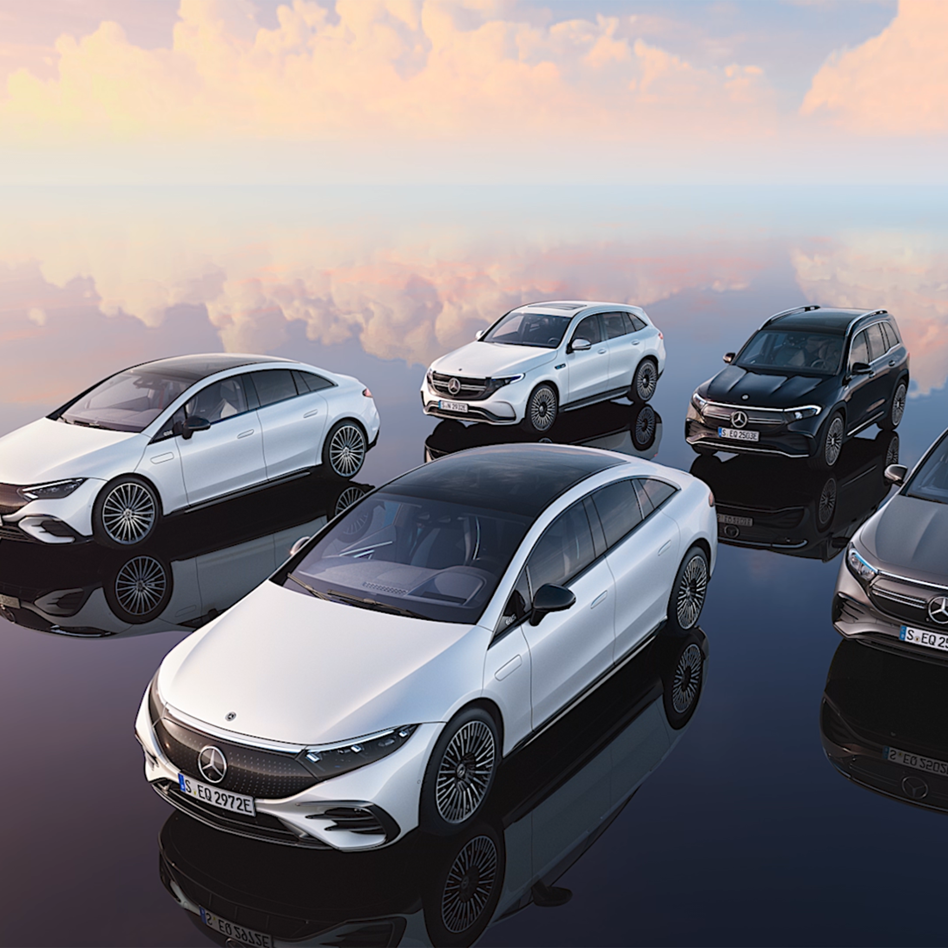 Mercedes-Benz | Elektrische modellen Schuin vooraanzicht van elektrische modellen van Mercedes-Benz