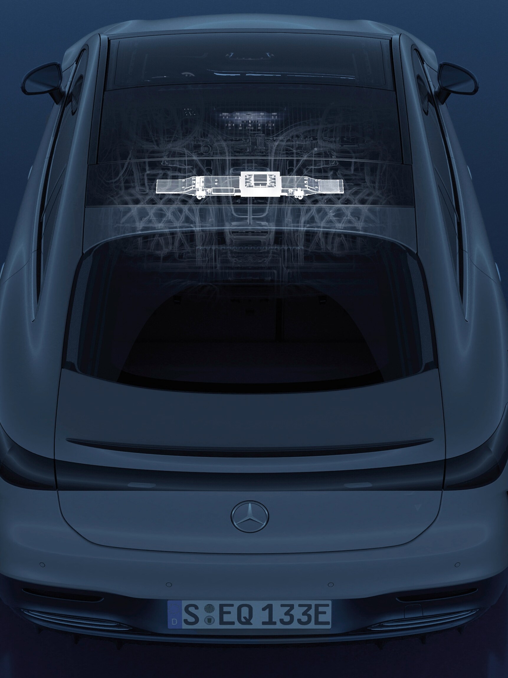 Bovenaanzicht van de S-Klasse, met het positioneringssysteem schematisch weergegeven